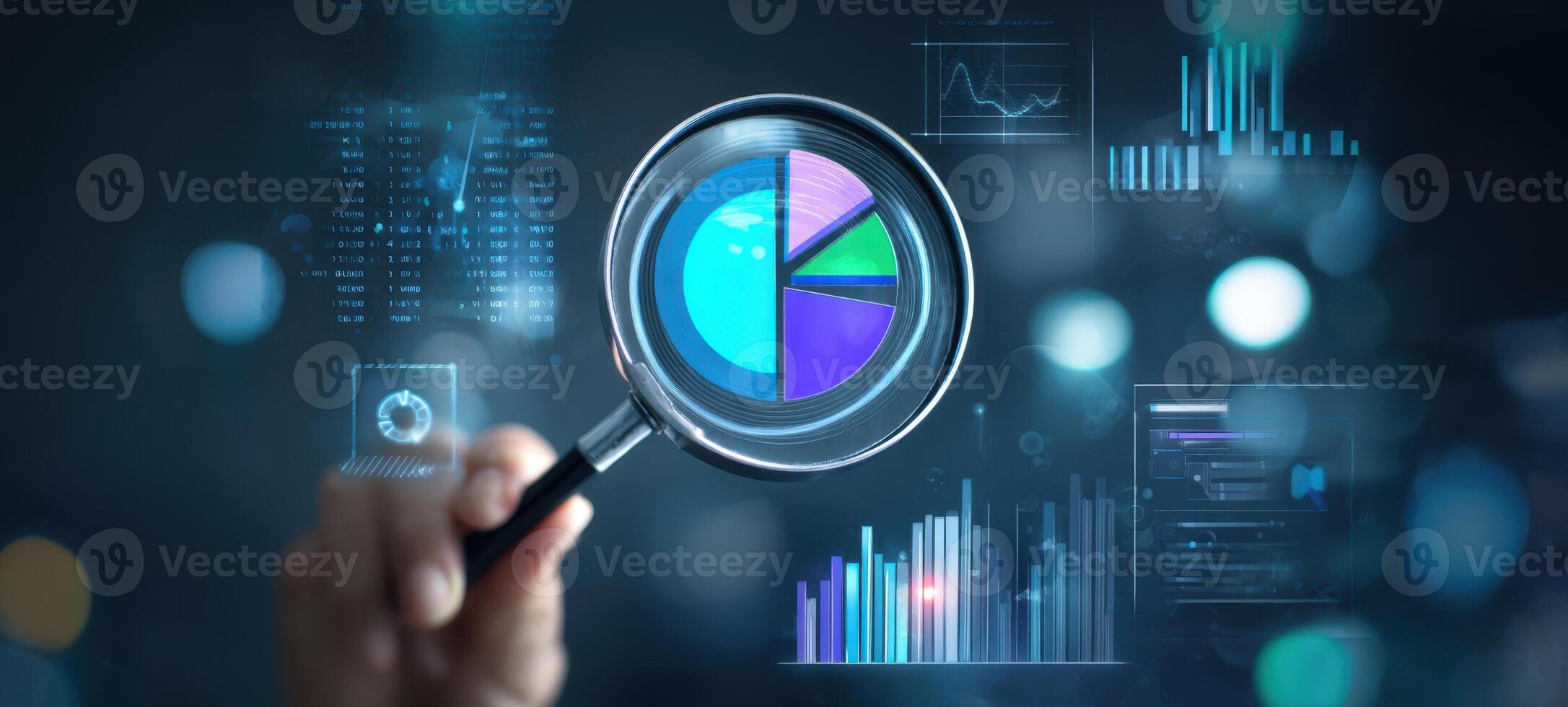 The magnifying glass focusing on pie chart and data analysis visualization photo