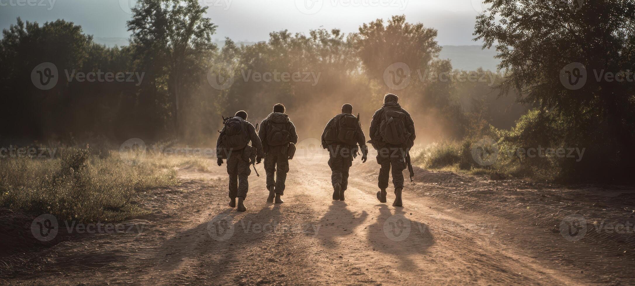 The soldiers embarking on a journey through the tranquil morning landscape photo