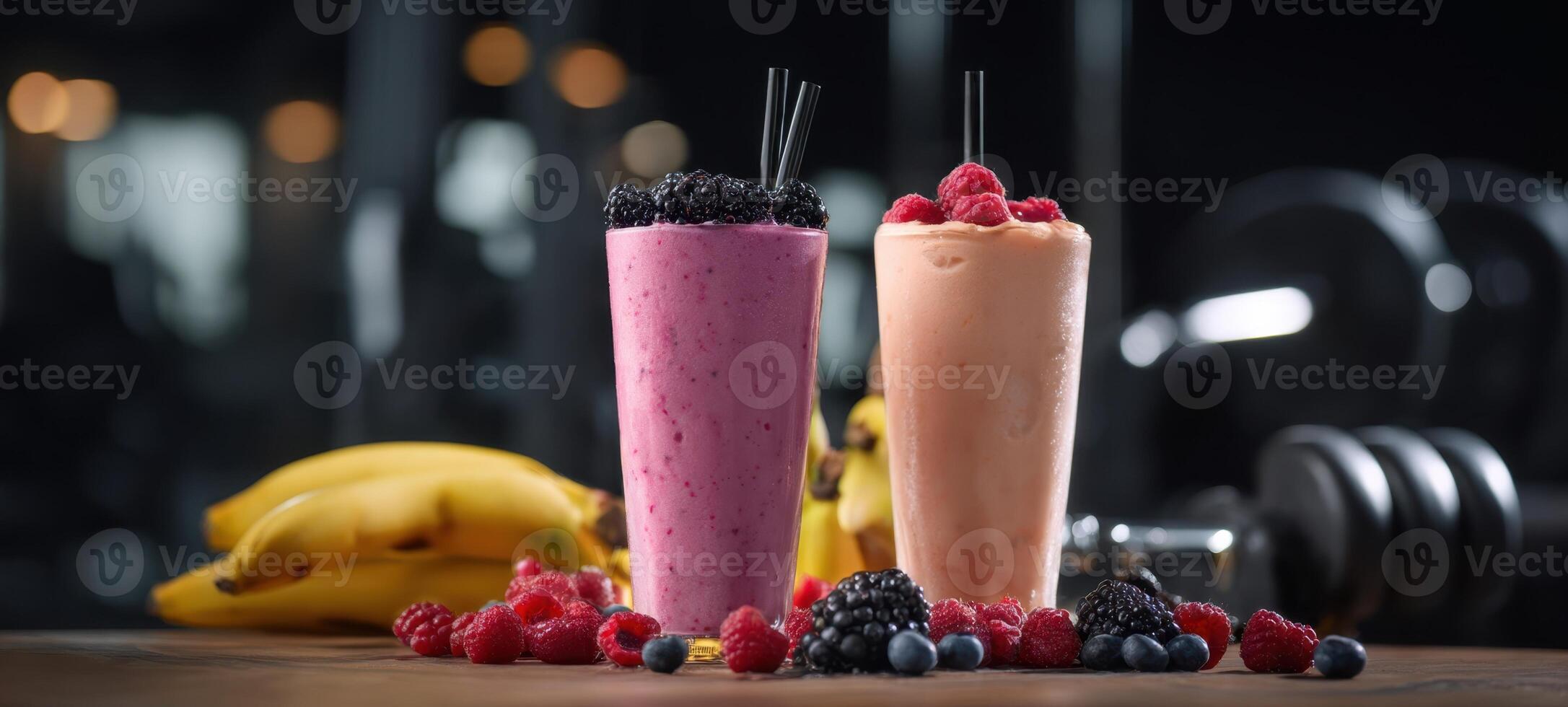 The delicious smoothies made with fresh berries and bananas on a gym table photo
