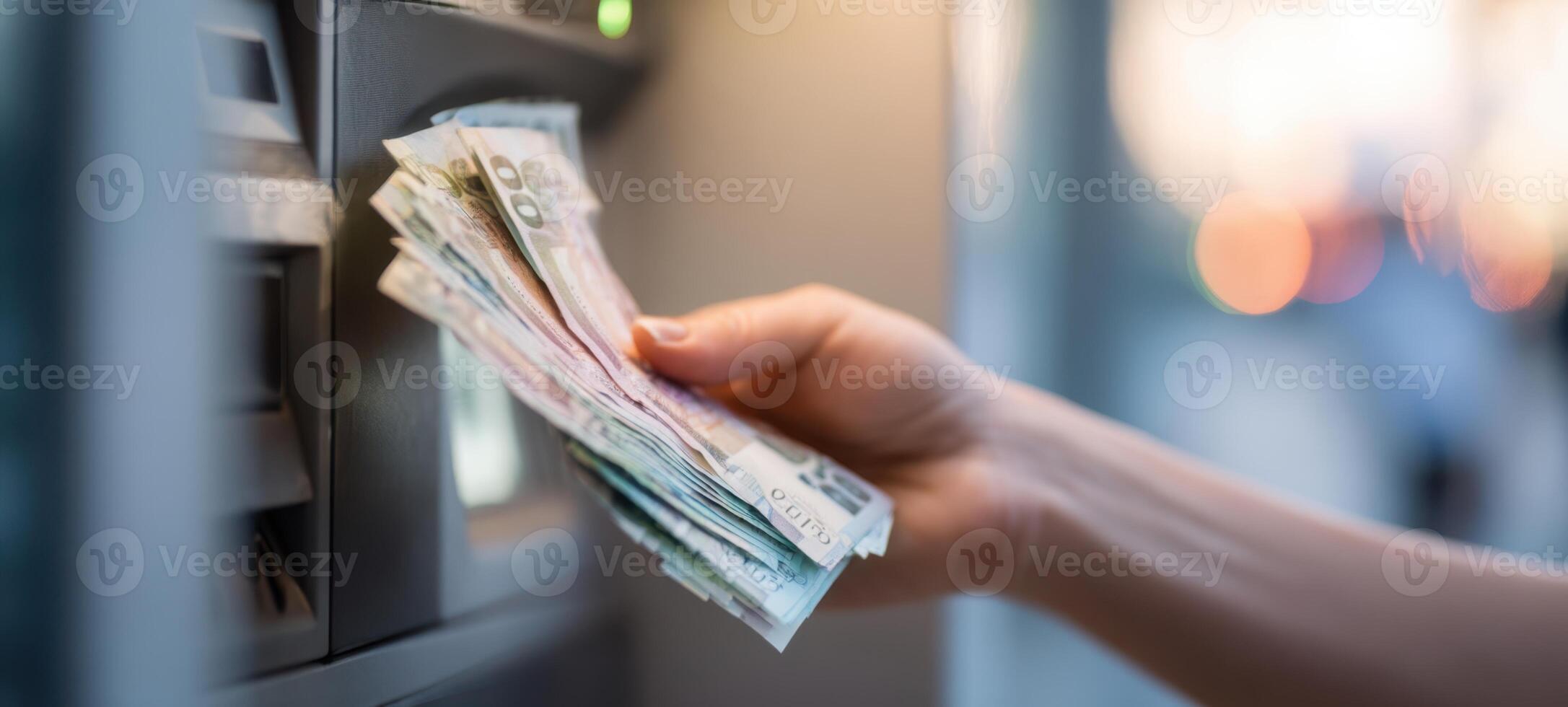 The hand reaching for cash from an ATM during a financial transaction. photo