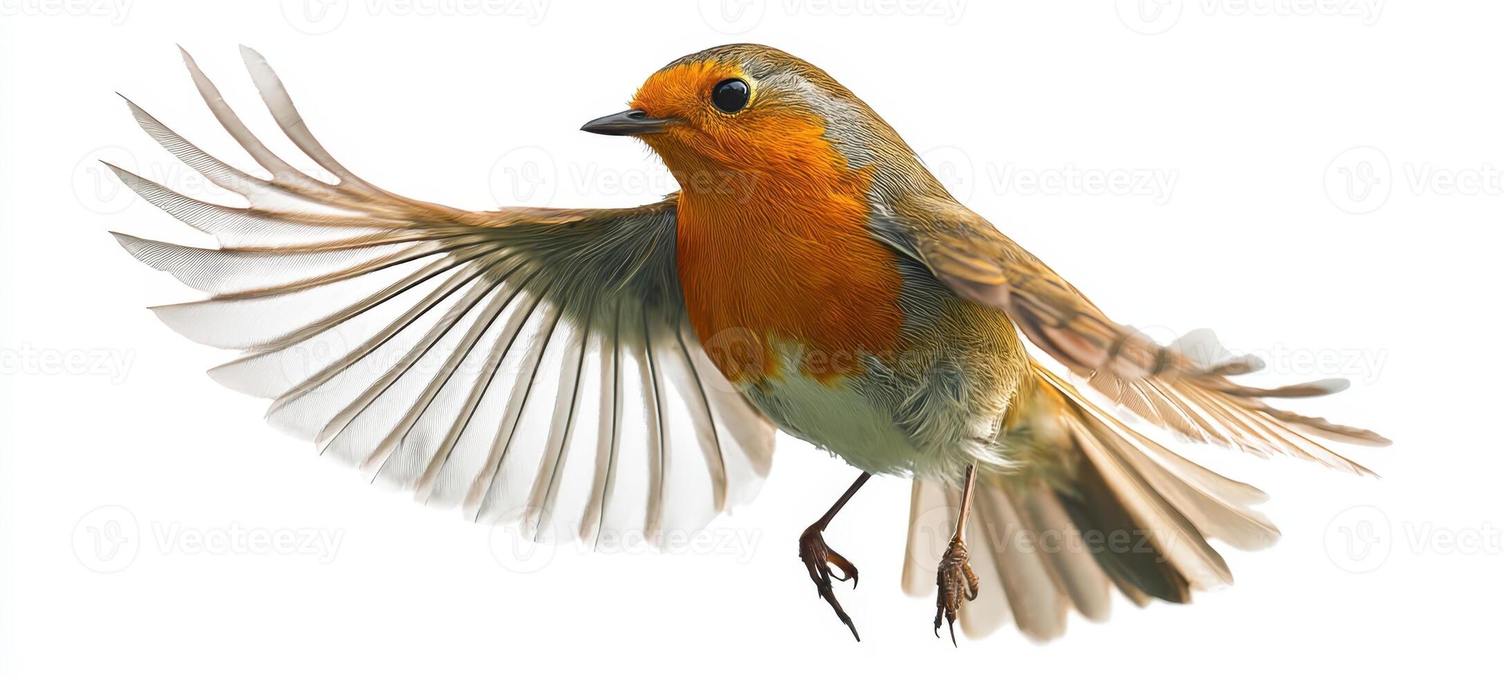 The robin in flight showcasing its vibrant plumage against a white background. photo