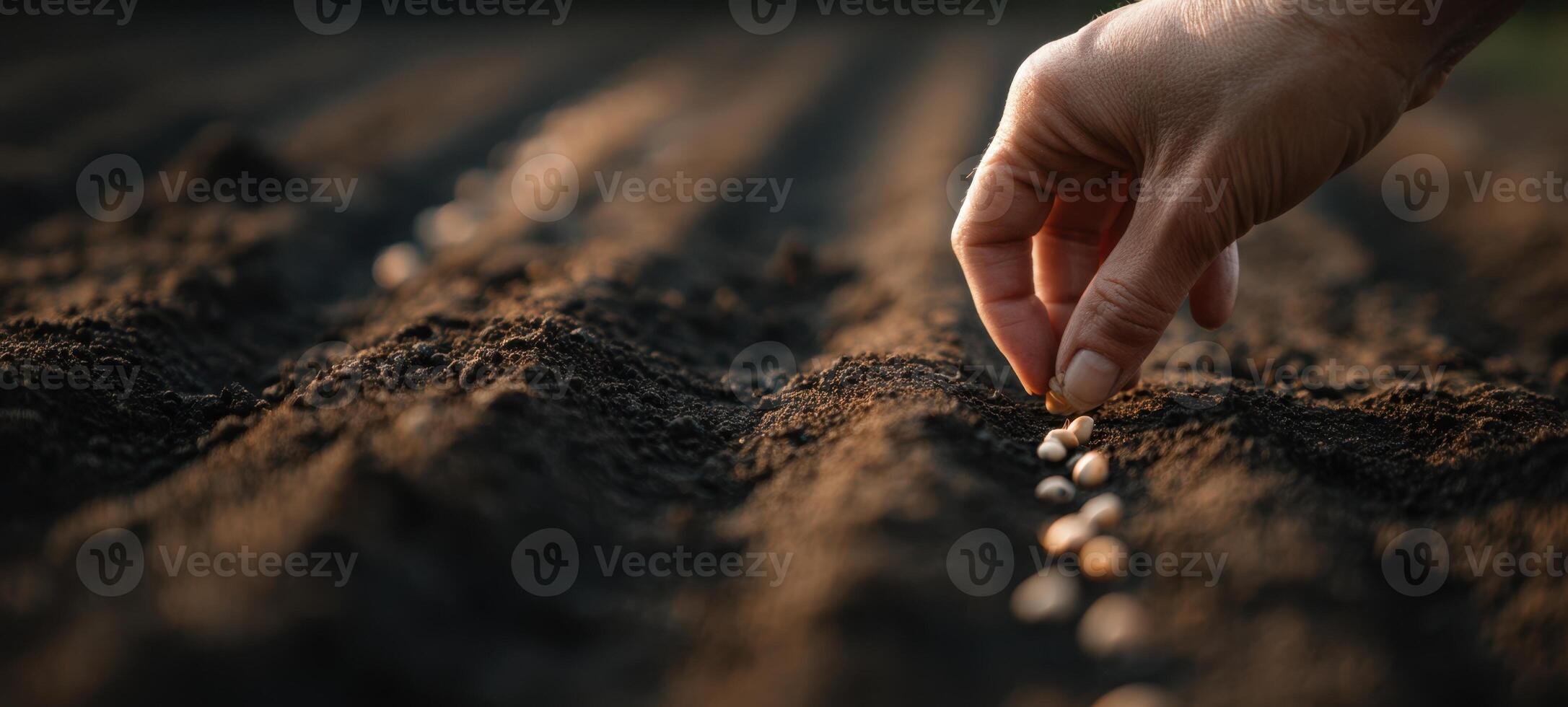 The hand planting seeds in rich soil for future crop growth. photo