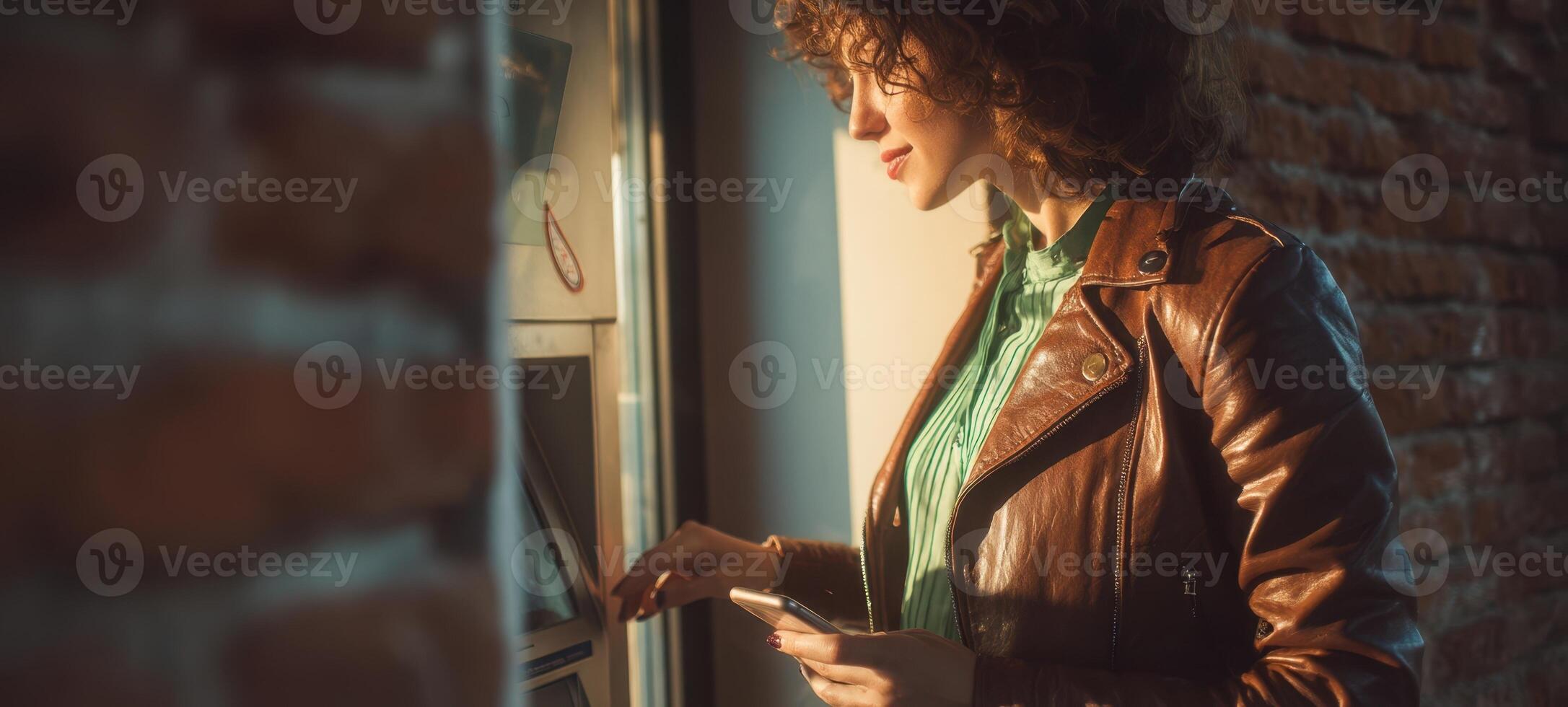 The woman in a leather jacket enjoying sunlight while browsing with a smartphone. photo