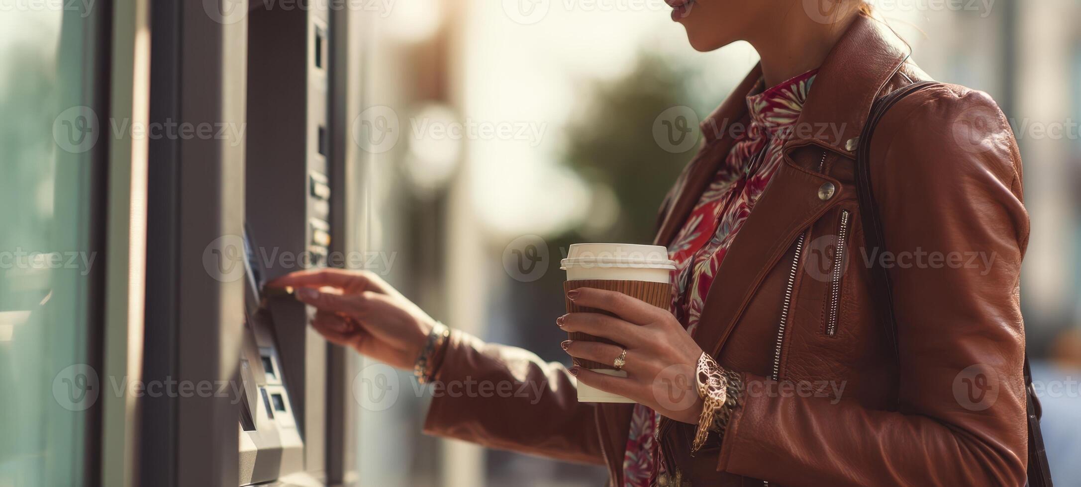 The woman interacting with an ATM while enjoying her coffee in the city. photo