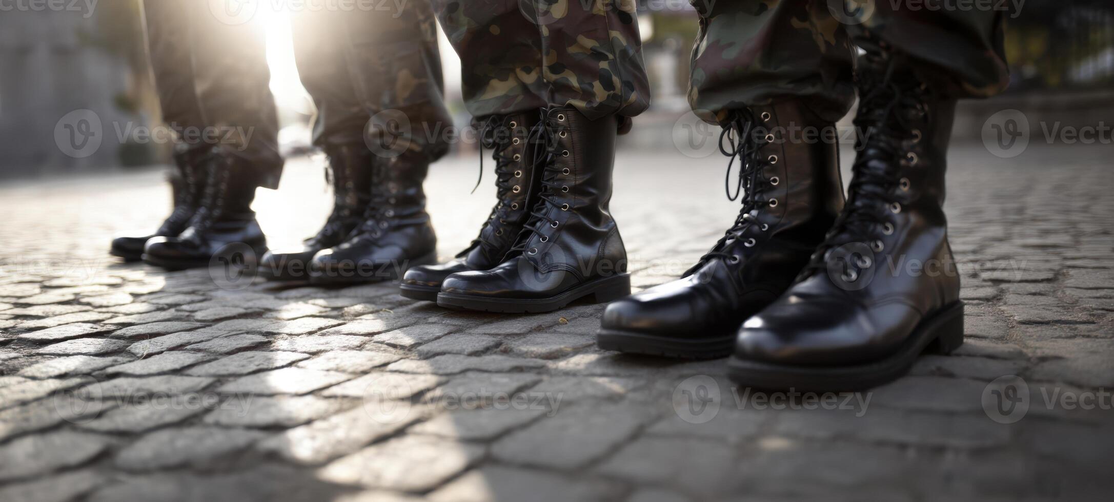 The polished military boots in a disciplined formation on cobblestone. photo