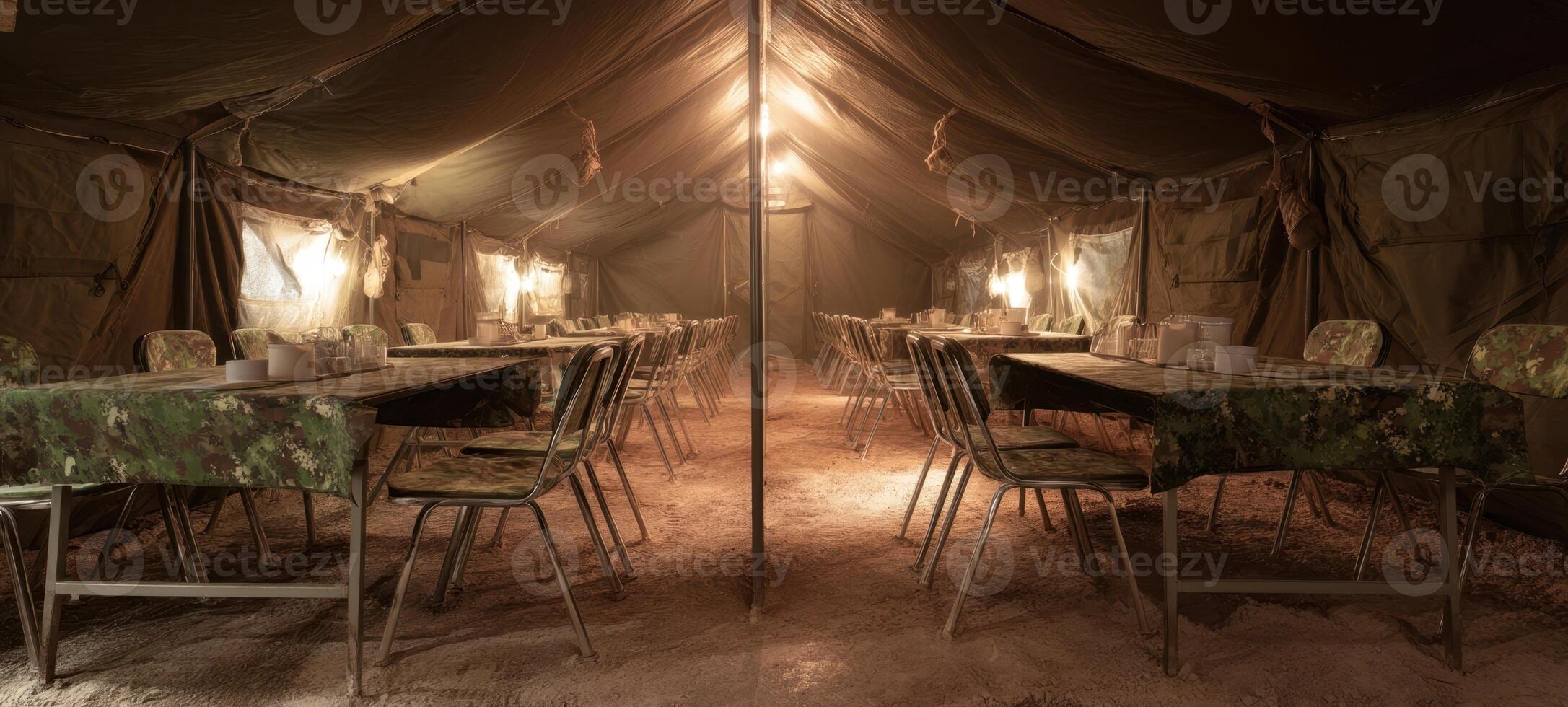 The communal dining area within a temporary military camp tent. photo