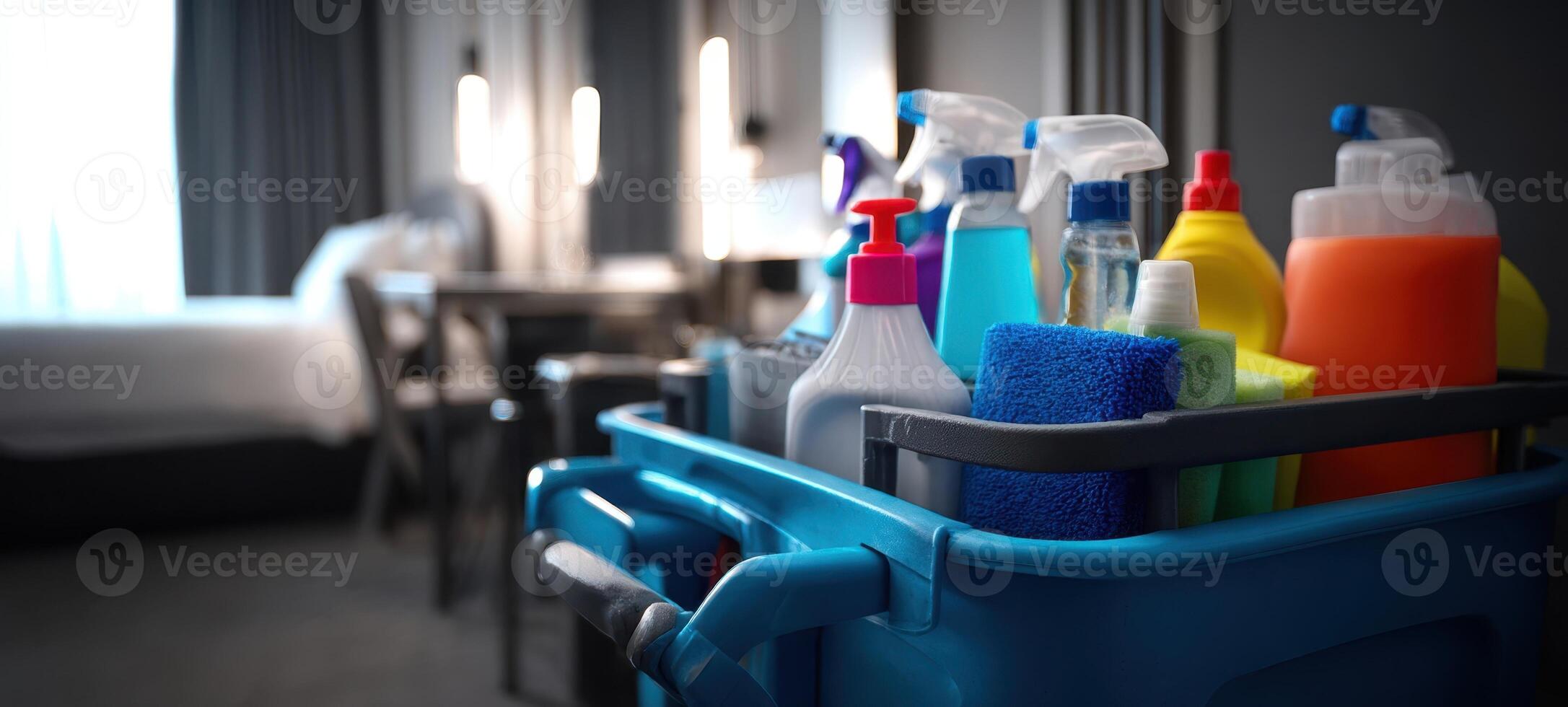 The cleaning supplies ready for use in a modern hotel room setting. photo
