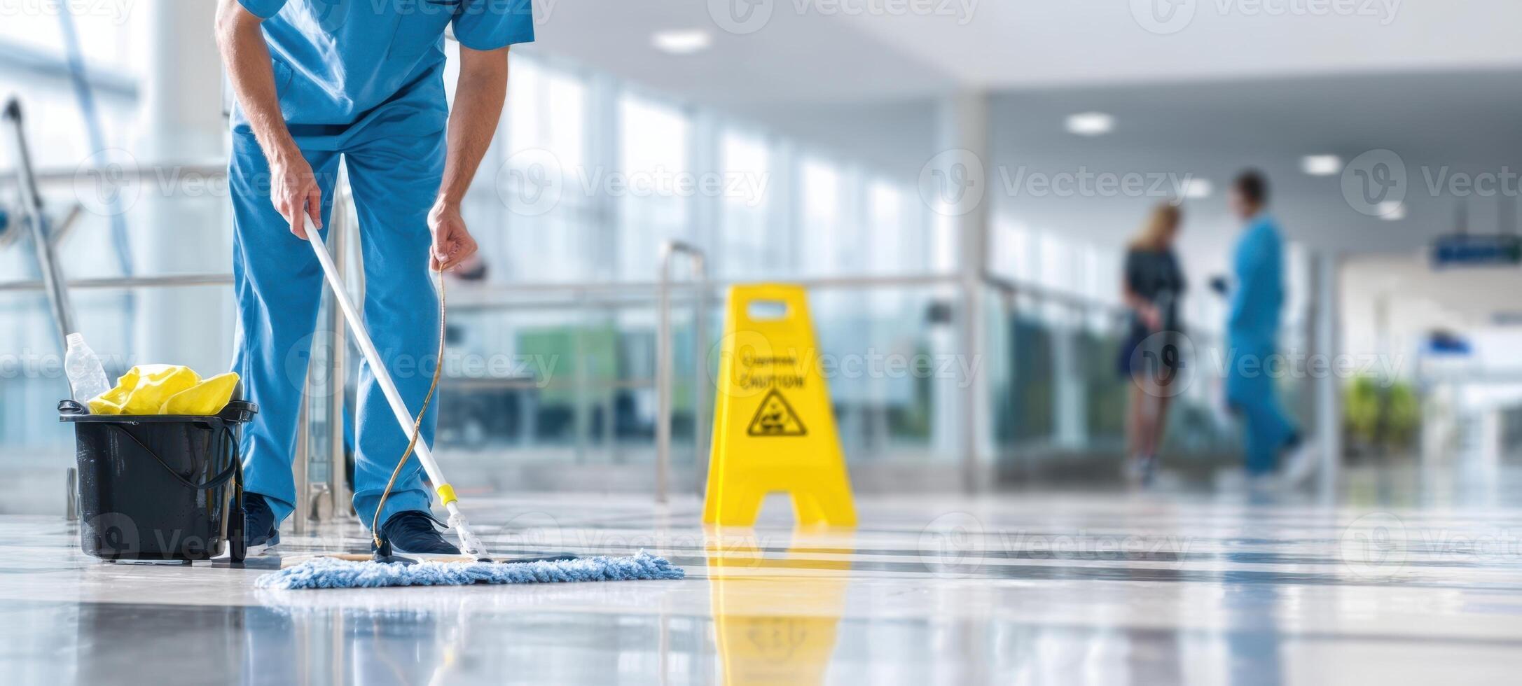 The diligent janitor mopping the floor in a modern indoor facility. photo
