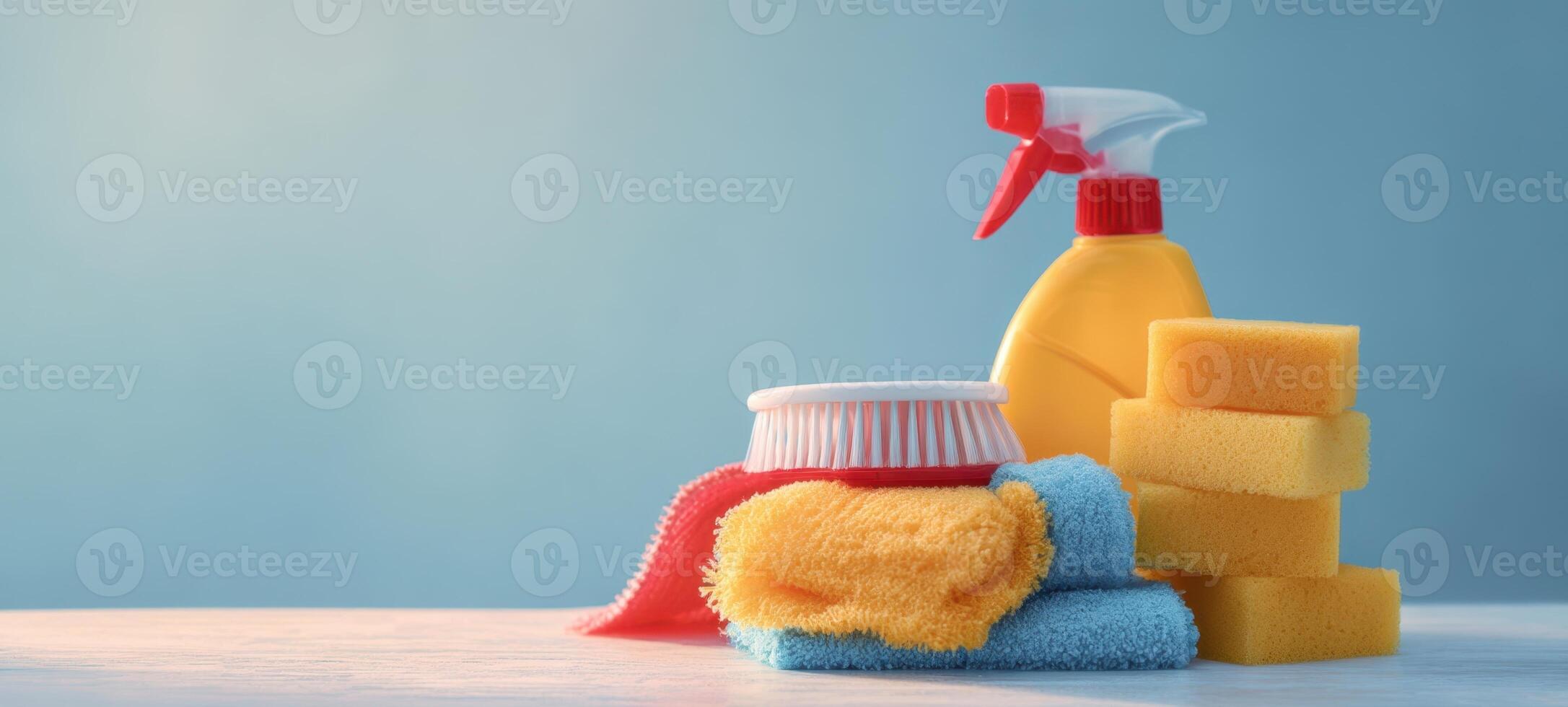The clean and colorful arrangement of household cleaning supplies on a table. photo