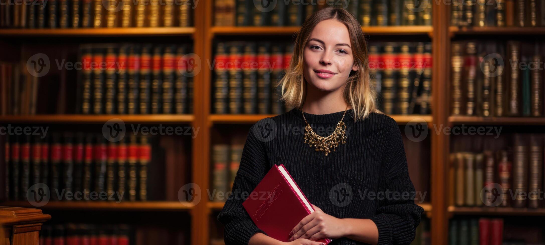 The woman in a library holding a red book and smiling confidently. photo