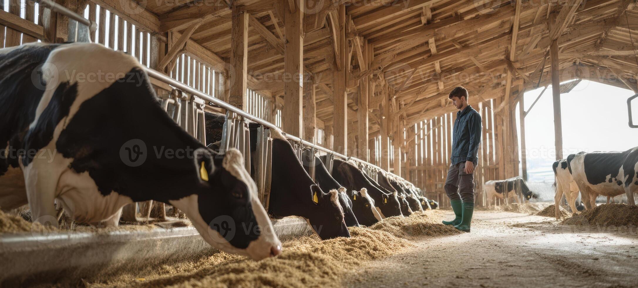 The peaceful farm scene with cows and a farmer in quiet barn setting. photo