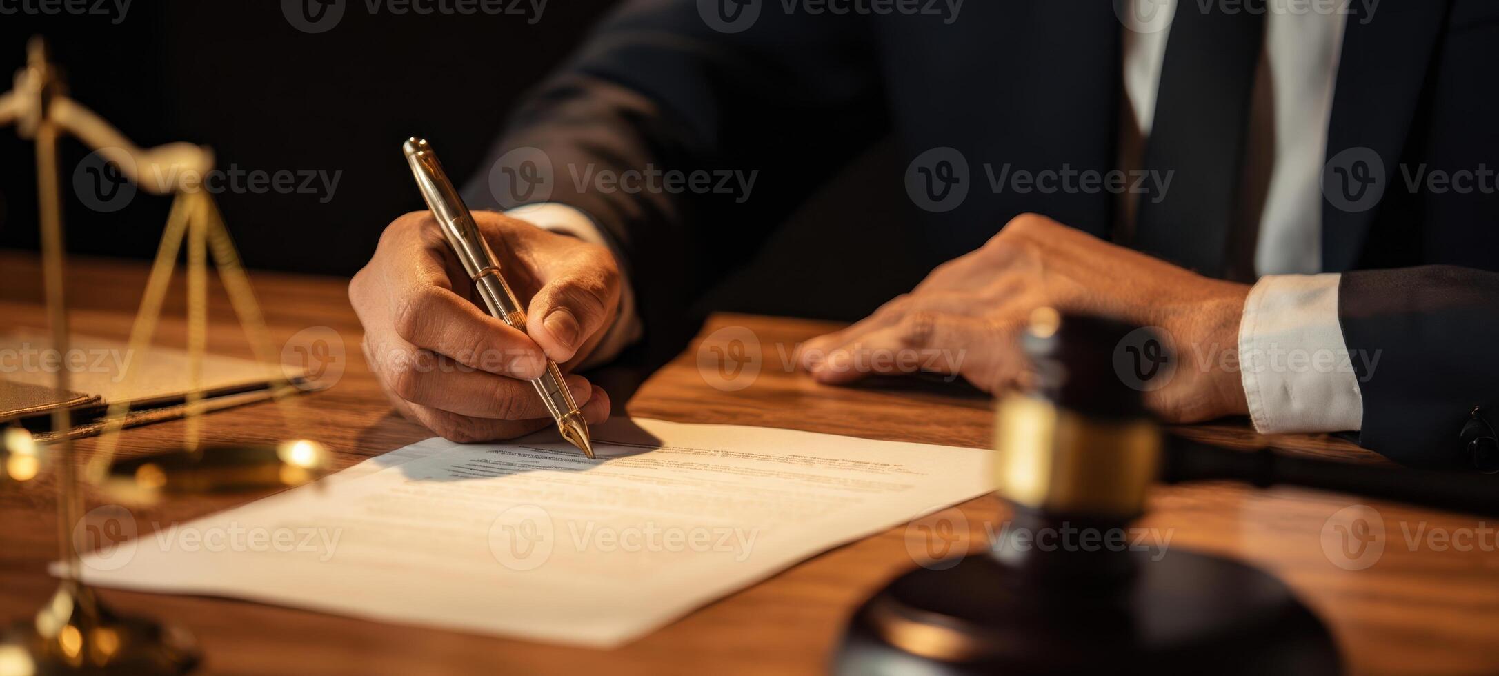 The lawyer signing legal documents at a professional office setting. photo
