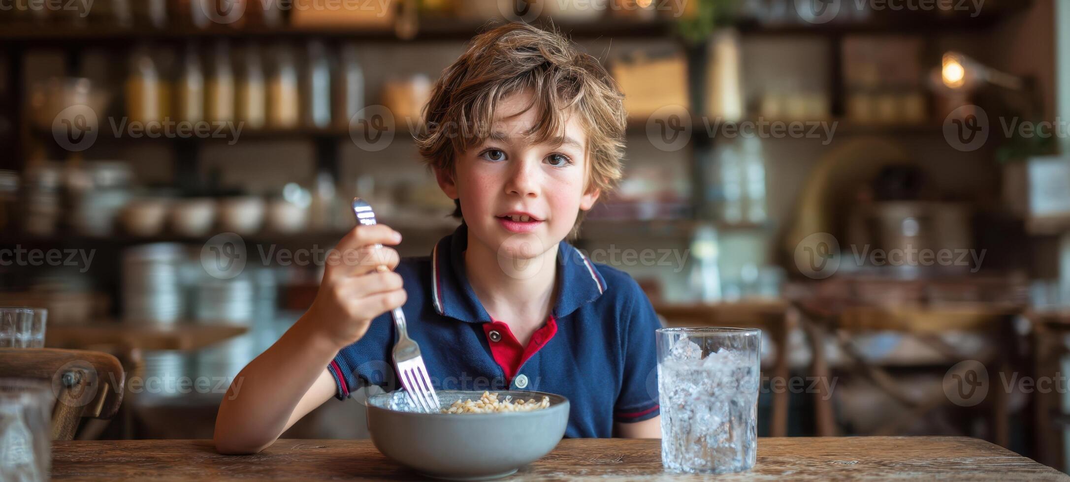 The boy enjoying a bowl of delicious breakfast in a cozy dining setting. photo