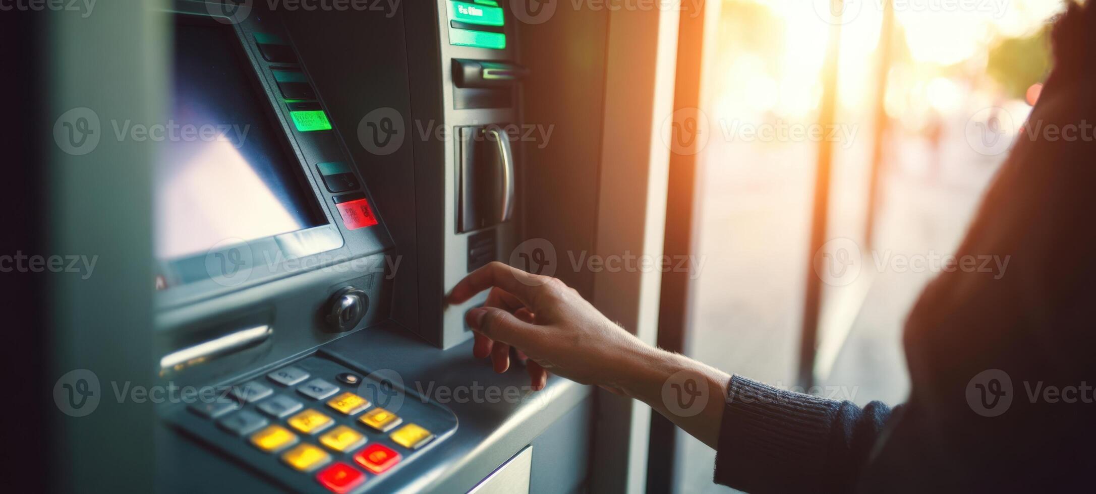 The ATM machine being used for a convenient cash withdrawal during sunset. photo
