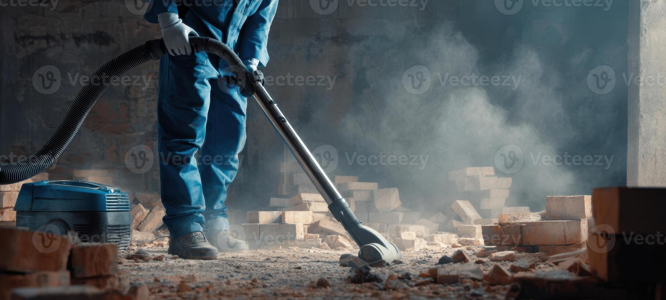The industrial worker using a vacuum in a dusty construction site. photo