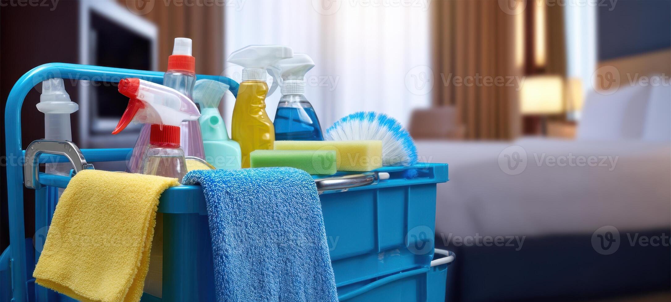 The cleaning cart filled with supplies in a cozy hotel room setting. photo