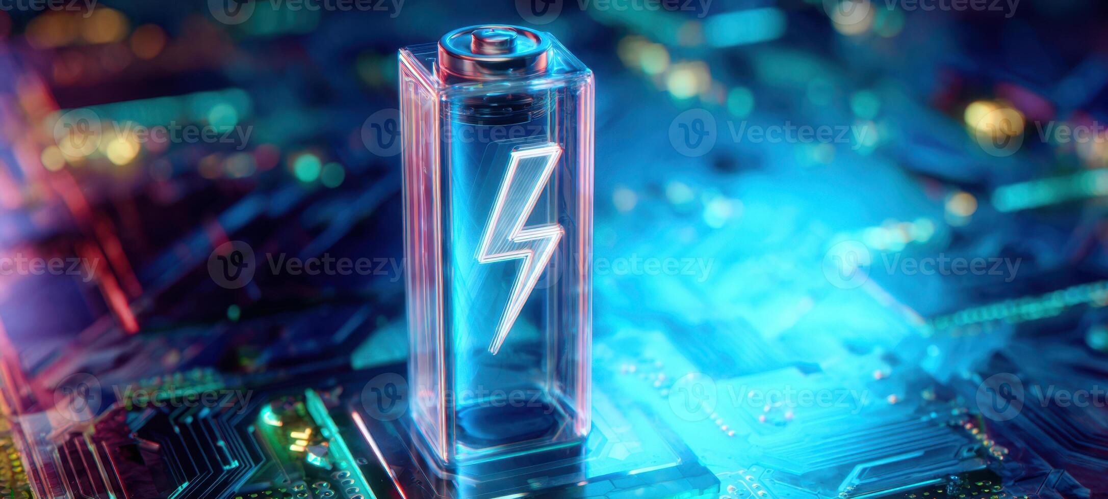 The illuminated battery showcasing futuristic energy concepts on a circuit board. photo