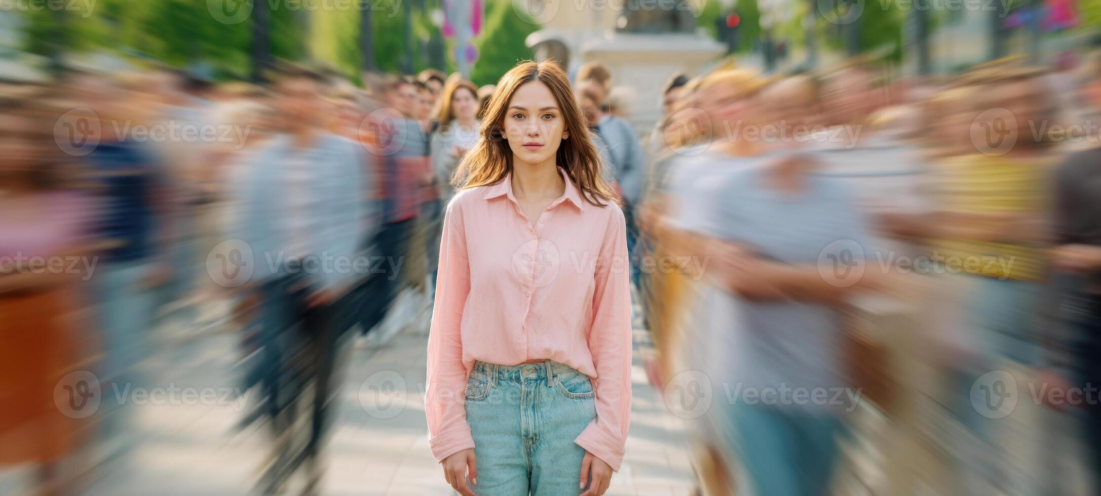 The focused woman standing out in a bustling urban crowd. photo