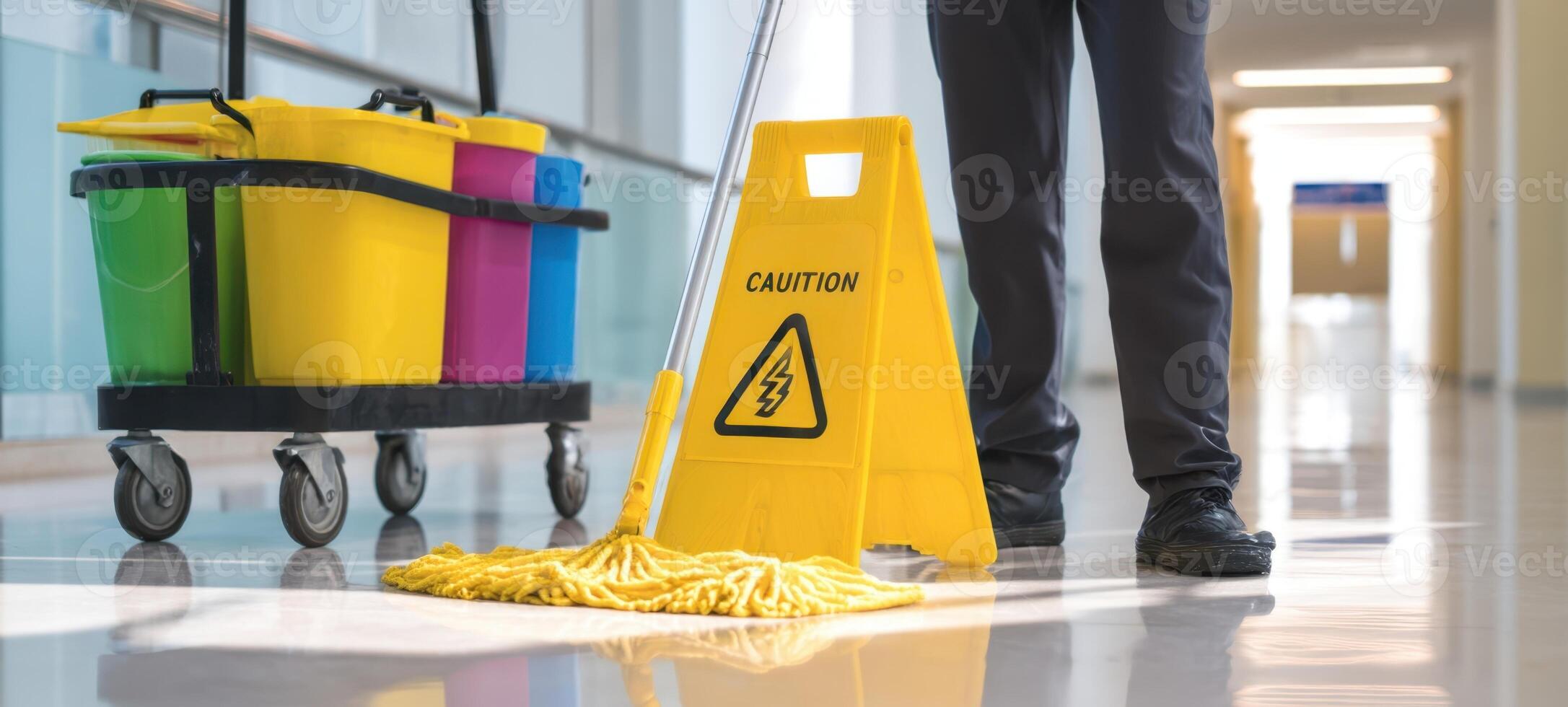 The janitor mops the floor while displaying a caution sign for safety. photo