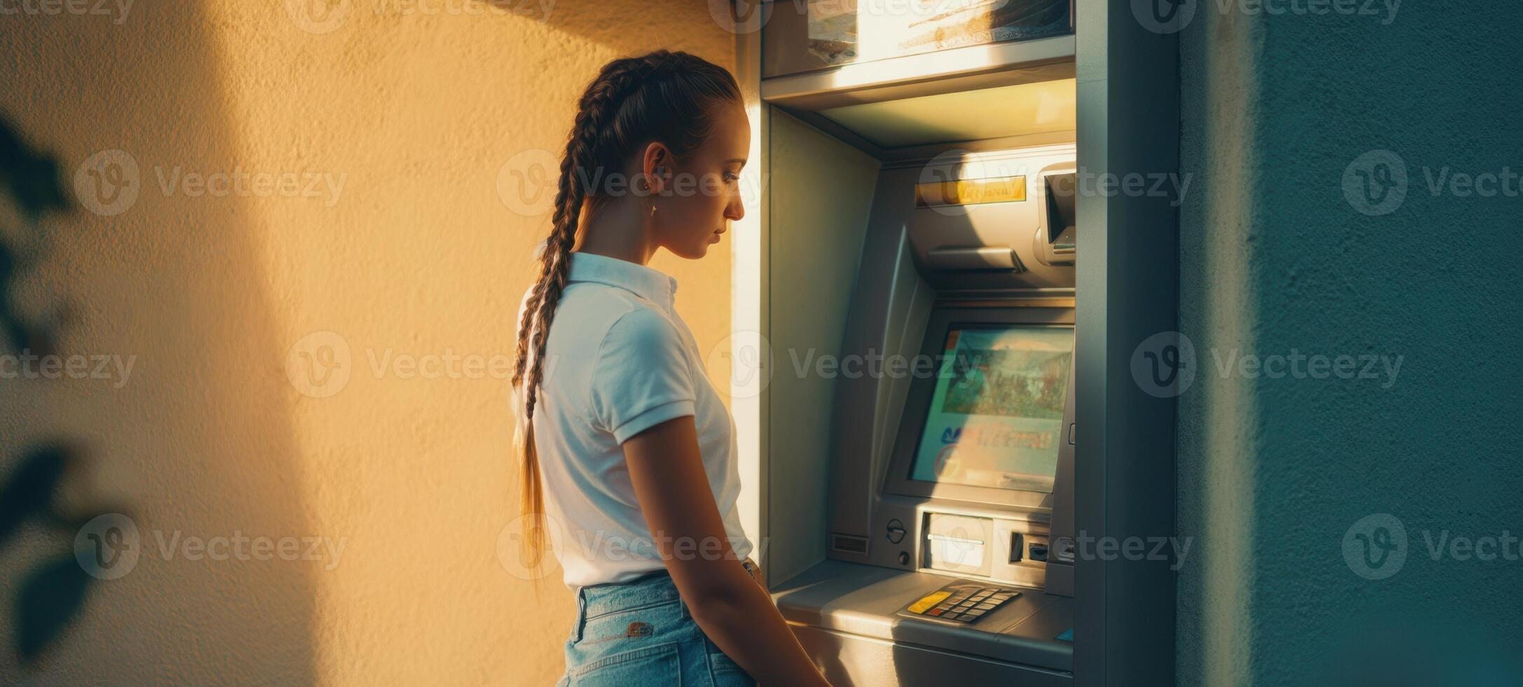 The woman using an ATM in a warm evening light against an urban backdrop. photo