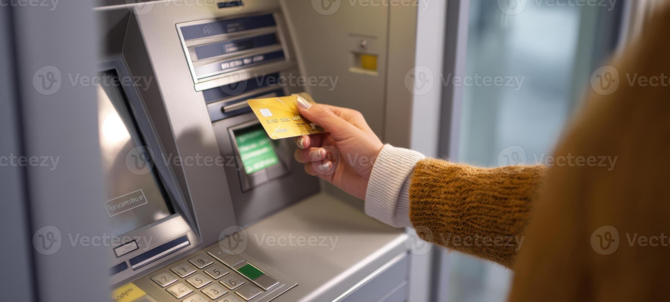 The ATM machine being used for a secure banking transaction by a customer. photo