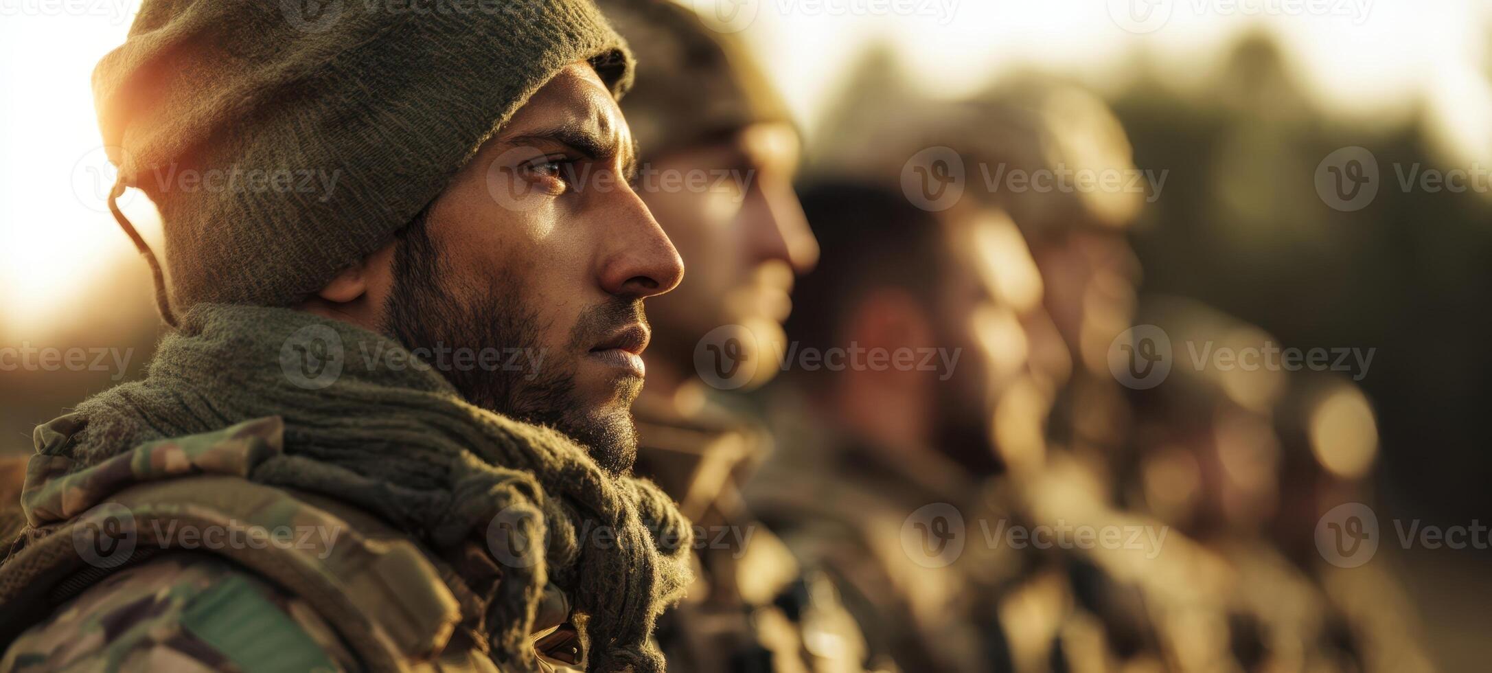 The soldiers demonstrating unity and determination during military training at sunset. photo