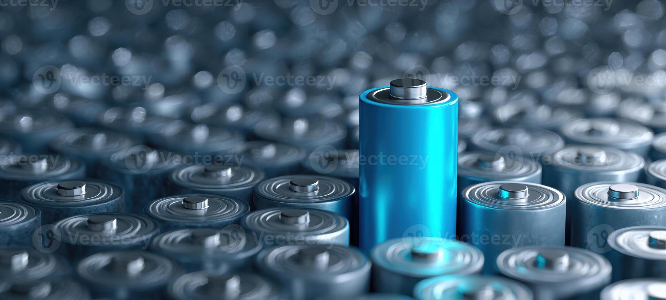 The vibrant blue battery standing out among many metallic batteries. photo