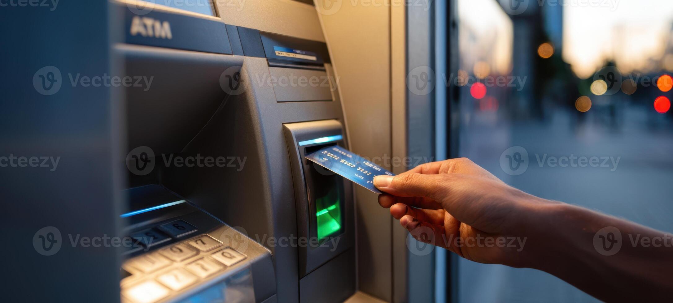 The ATM transaction with a hand inserting a banking card at dusk. photo