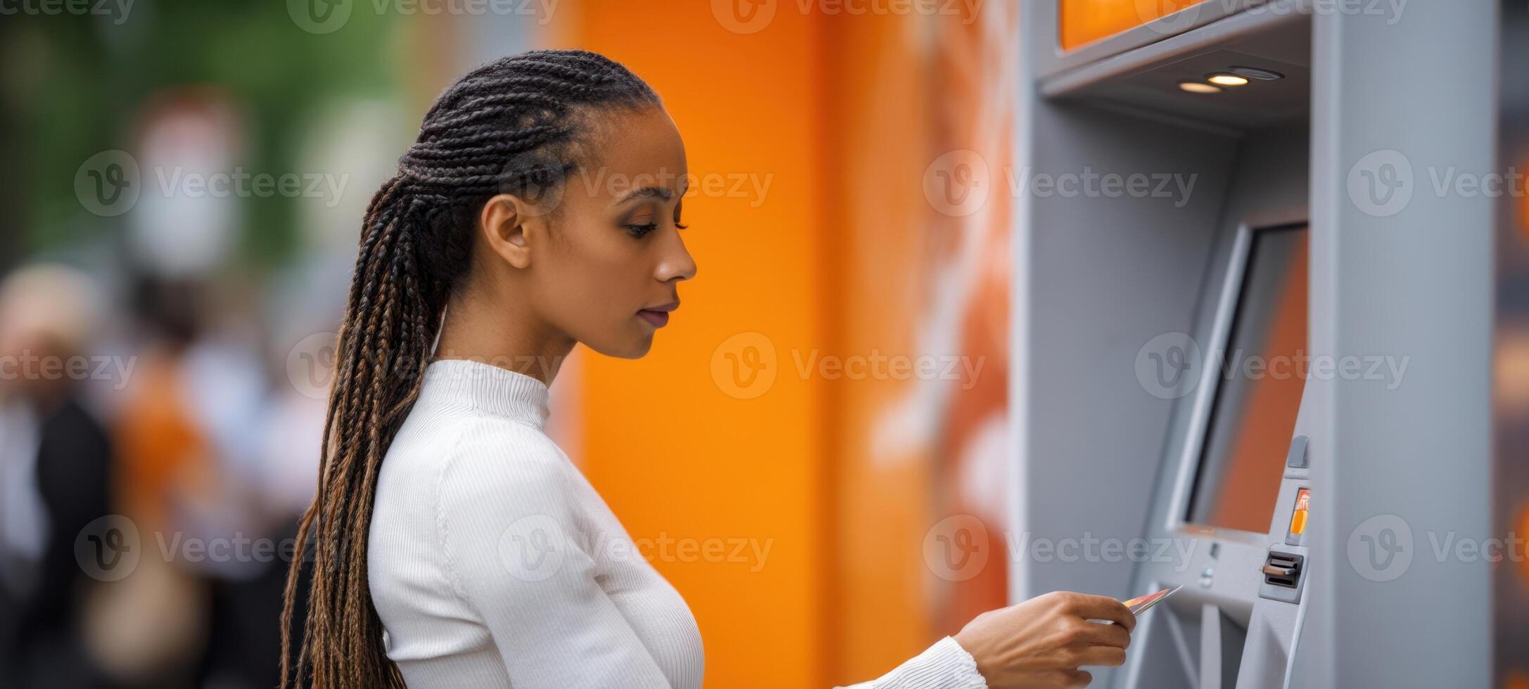 The woman using an ATM in an urban environment with an orange background. photo