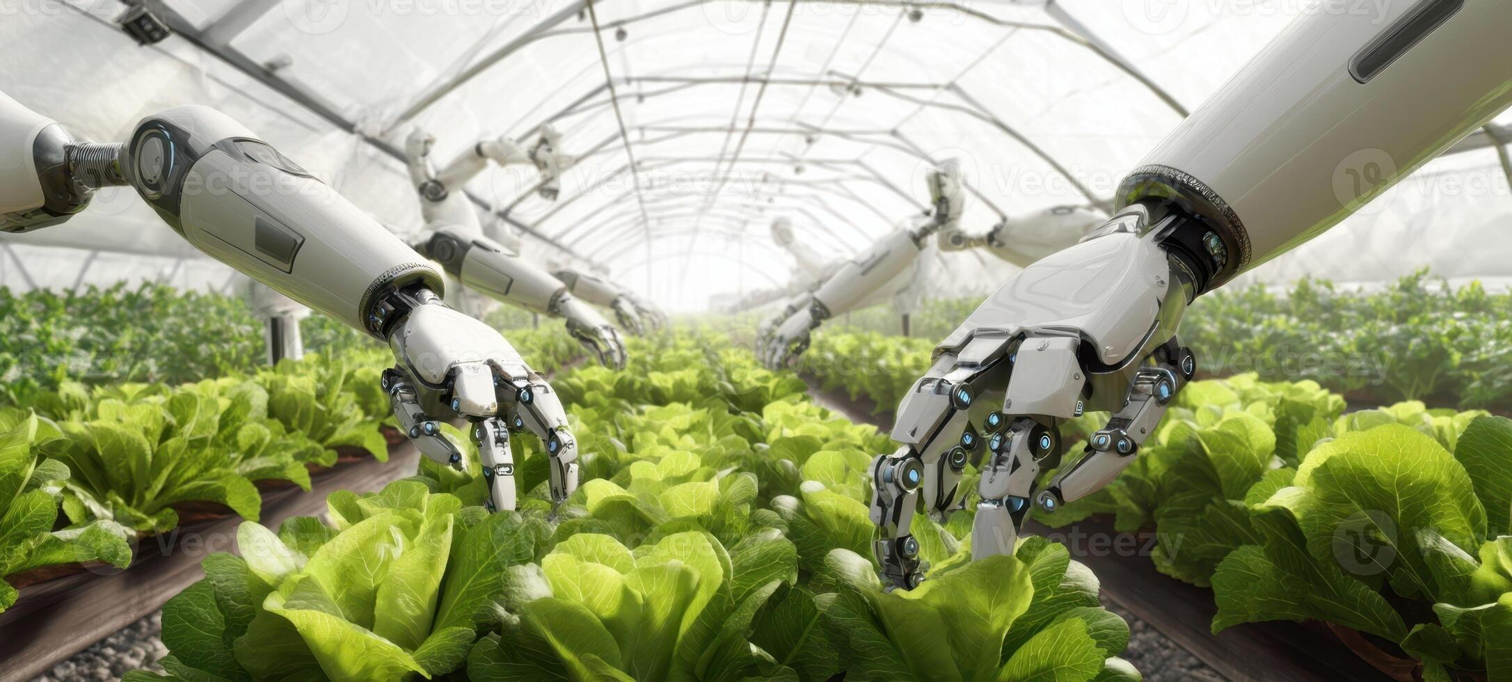 The robotic hands nurturing lettuce in a futuristic greenhouse environment. photo