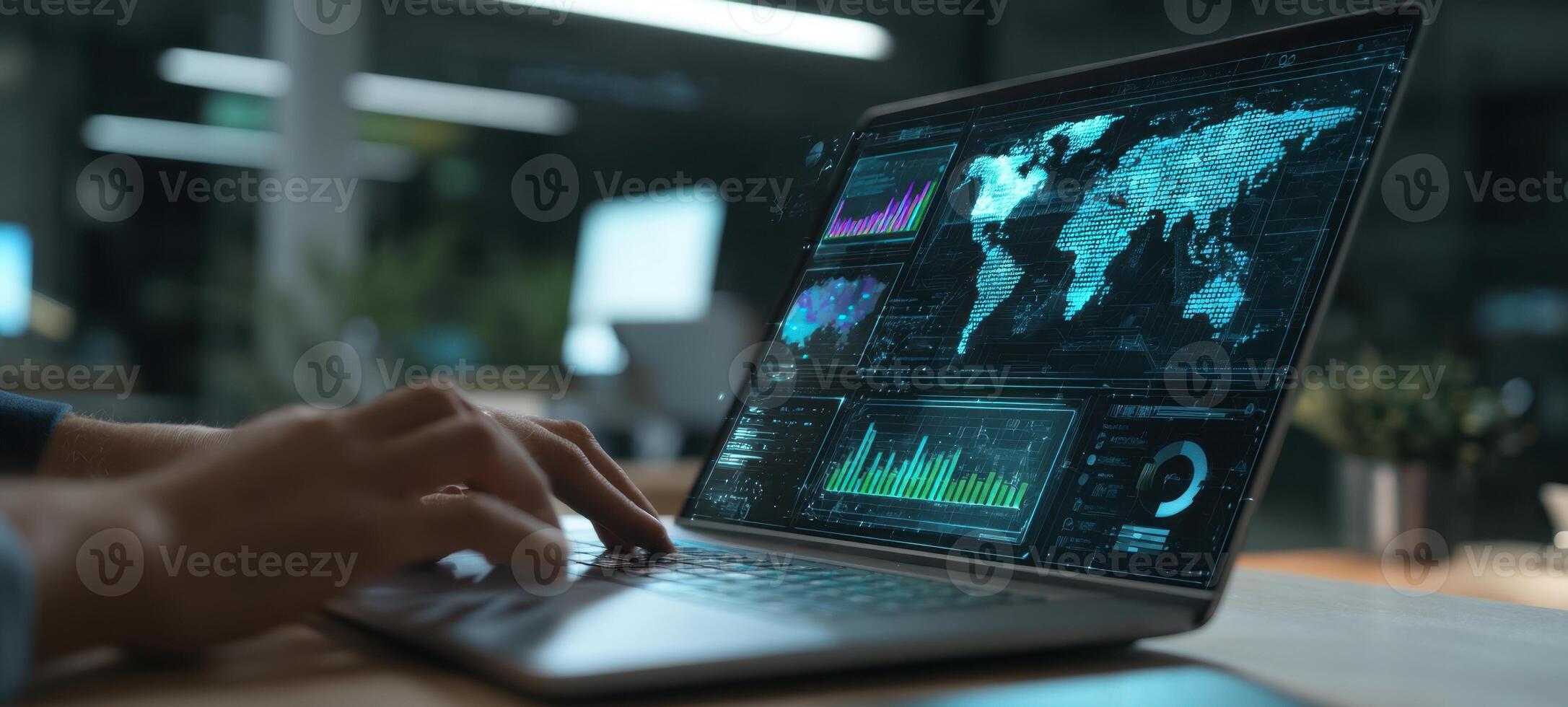 The laptop displaying global data analytics in a modern office workspace. photo