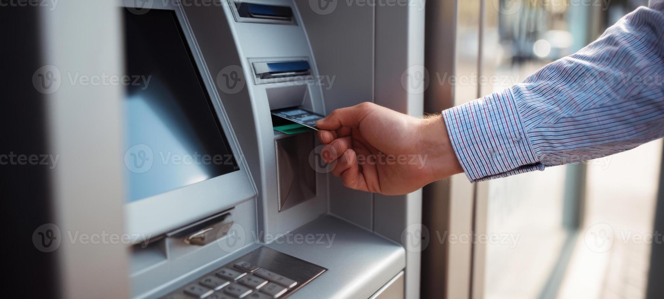 The hand inserting a card into an ATM for banking transactions. photo