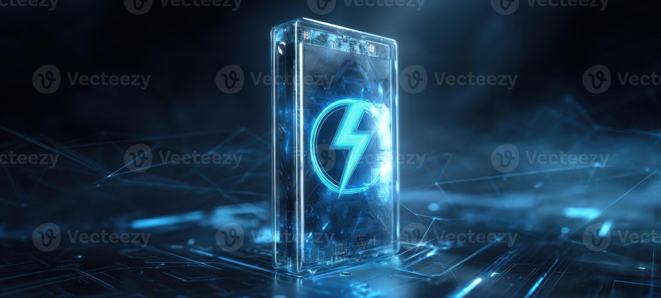 The glowing power symbol encased in a futuristic transparent design. photo