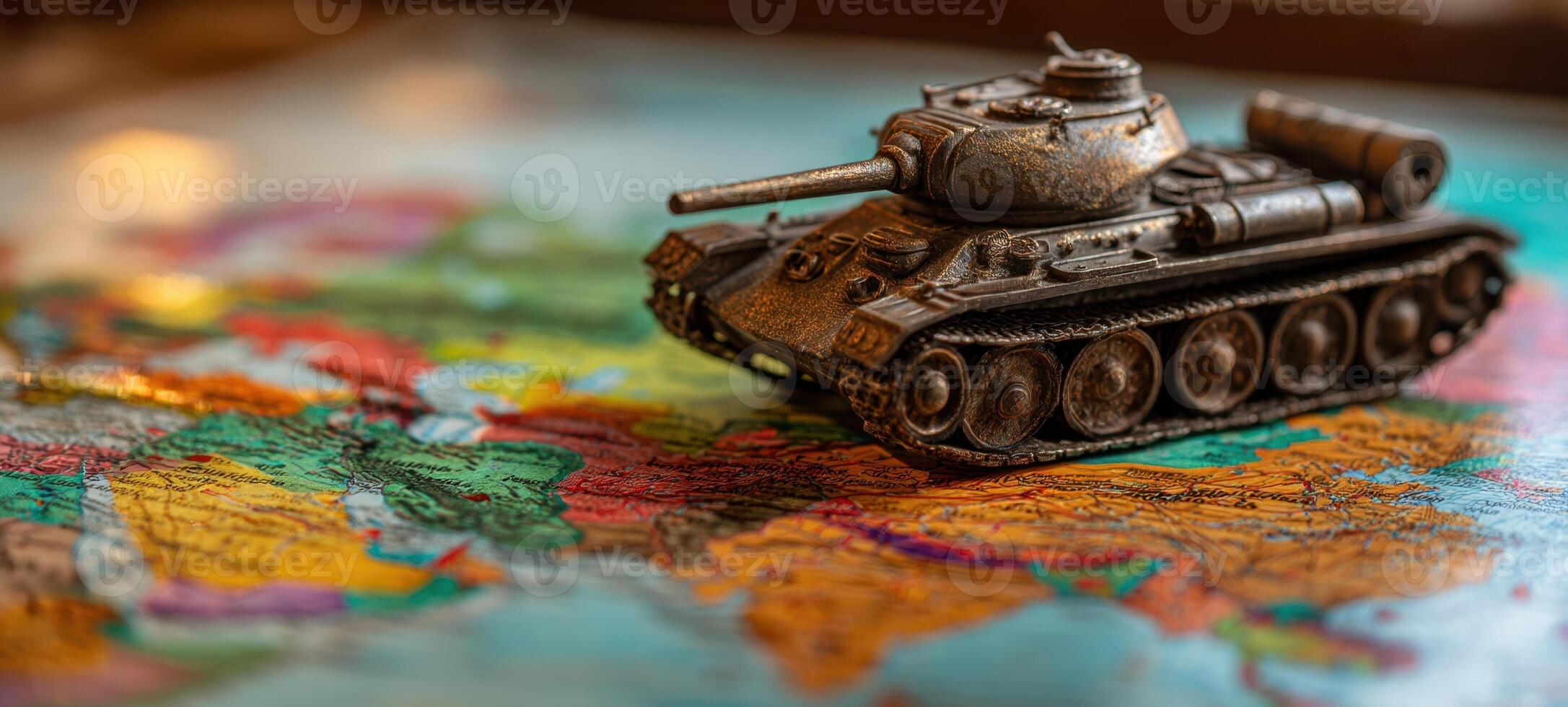 The tank model positioned on a colorful geographical map showcasing historical territories. photo