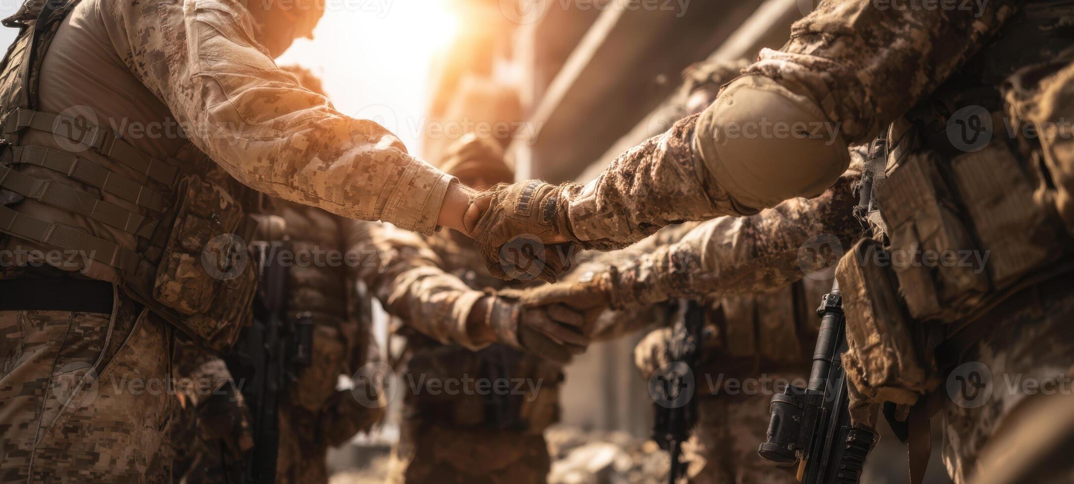 The Soldiers Uniting in Strength and Teamwork Under Dramatic Sunset Light photo