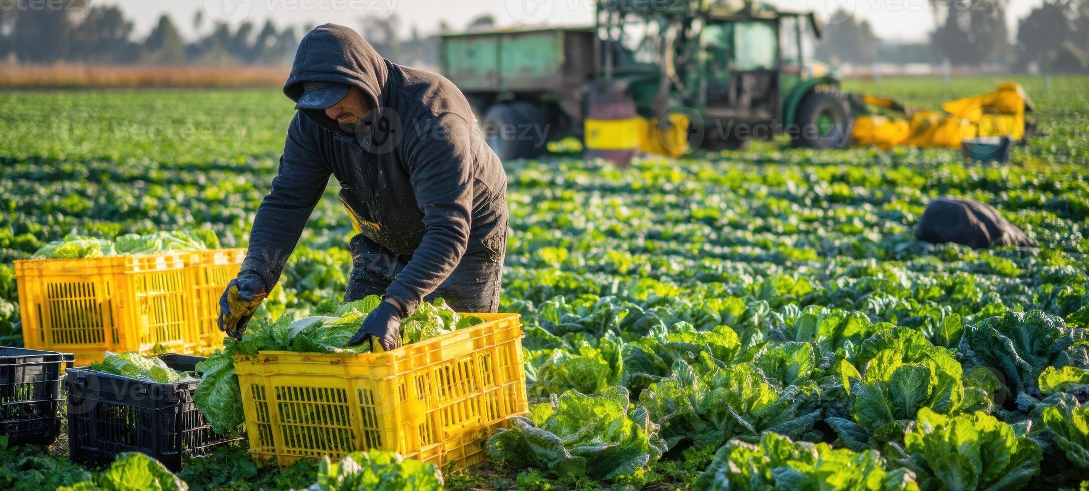 The diligent worker harvesting fresh lettuce in a vibrant green field. photo