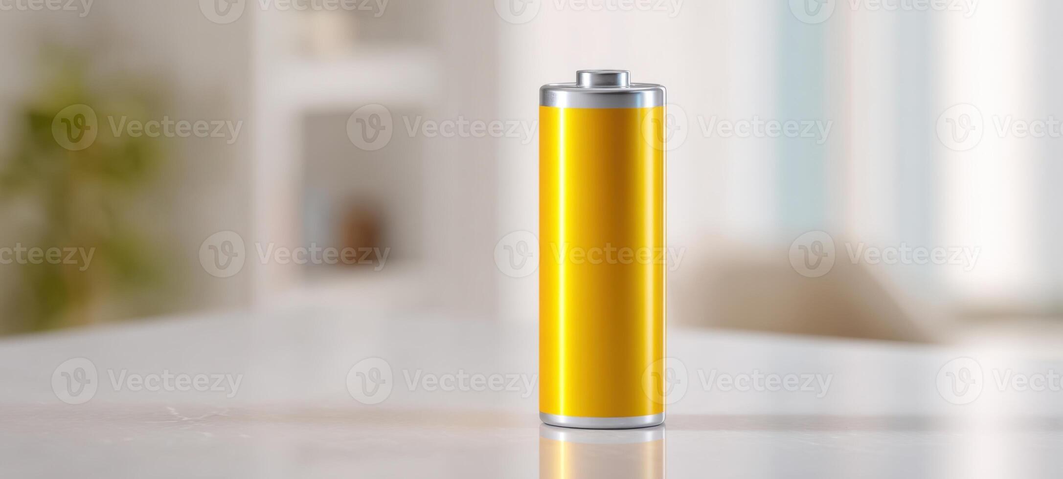 The vibrant yellow battery standing alone on a modern table. photo
