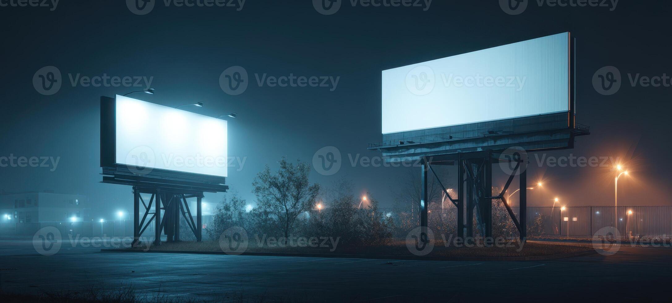 The empty billboards in a foggy night scene with urban lighting. photo