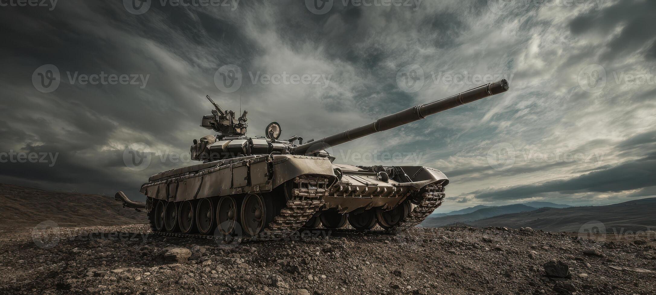 The imposing tank positioned dramatically against a stormy sky on rugged terrain. photo