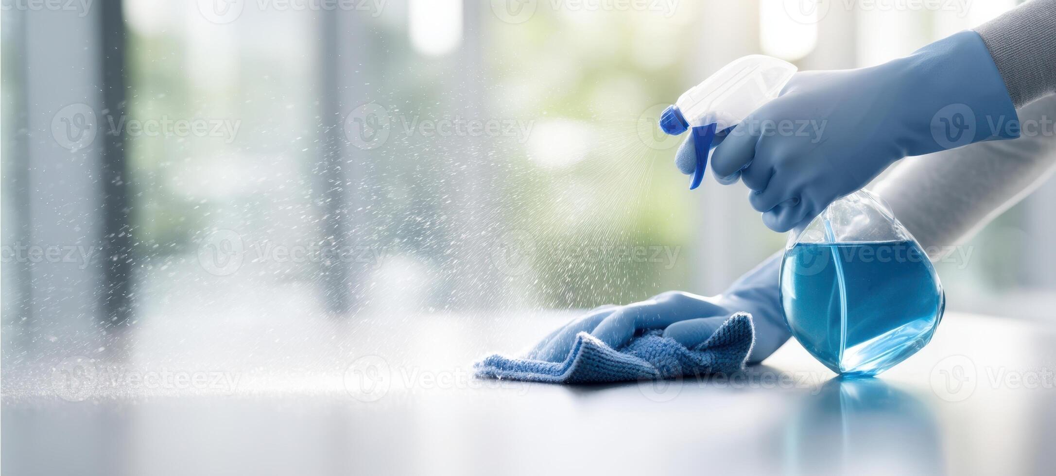 The cleaning process with disinfectant spray and microfiber cloth on a surface. photo