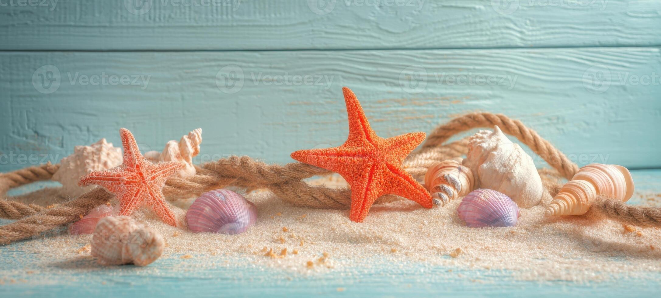 The vibrant starfish and seashells arranged on sandy beach background. photo