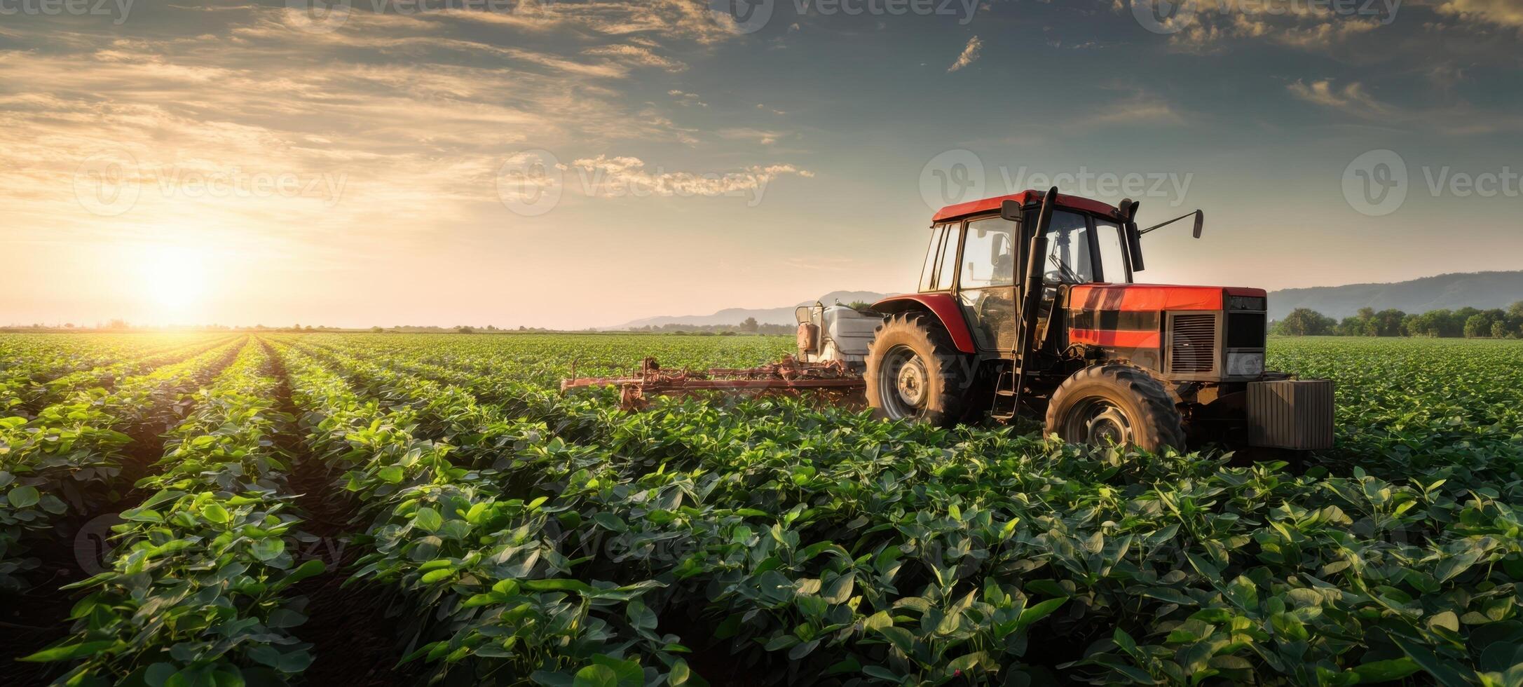 The tractor working in a vibrant green field during a stunning sunset. photo
