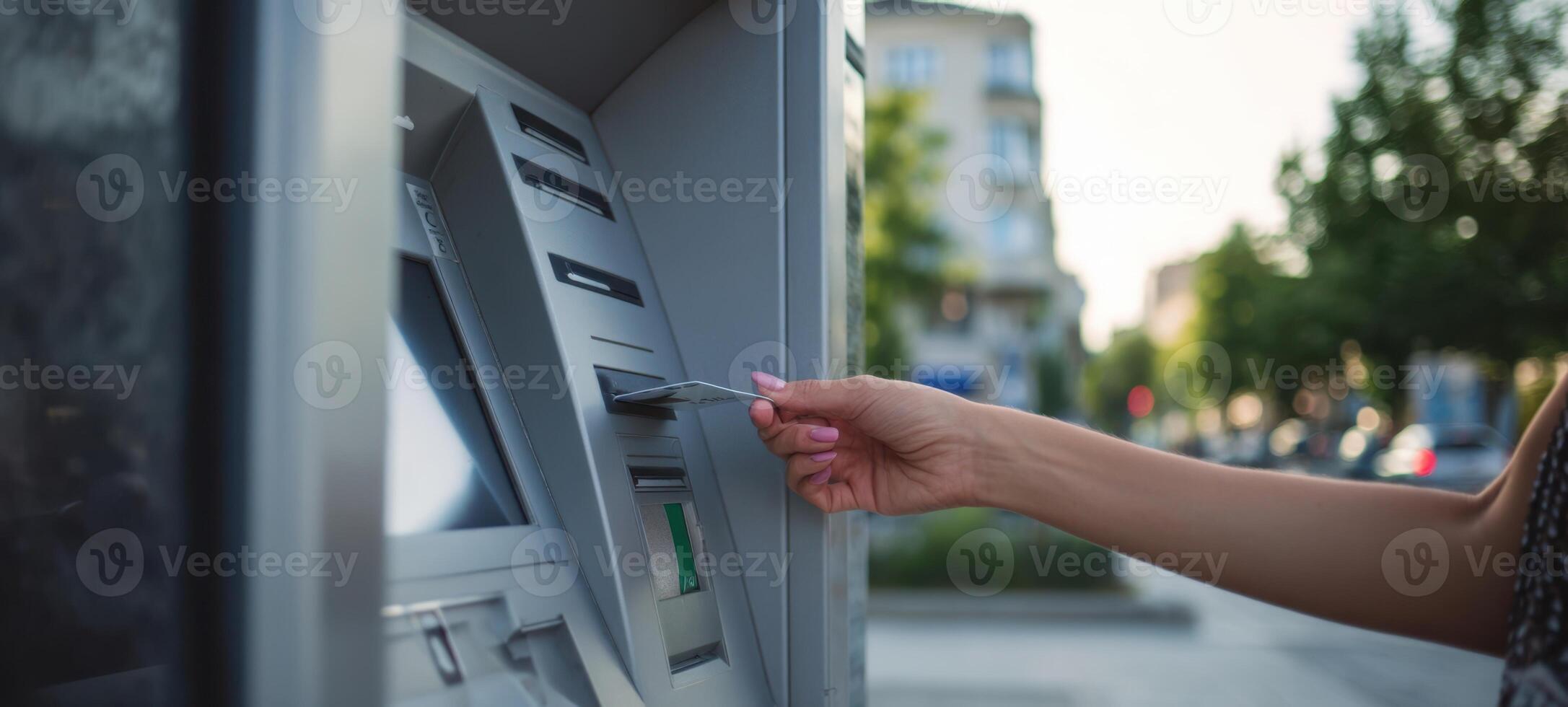 The ATM and a Hand Inserting a Card for Financial Transaction. photo