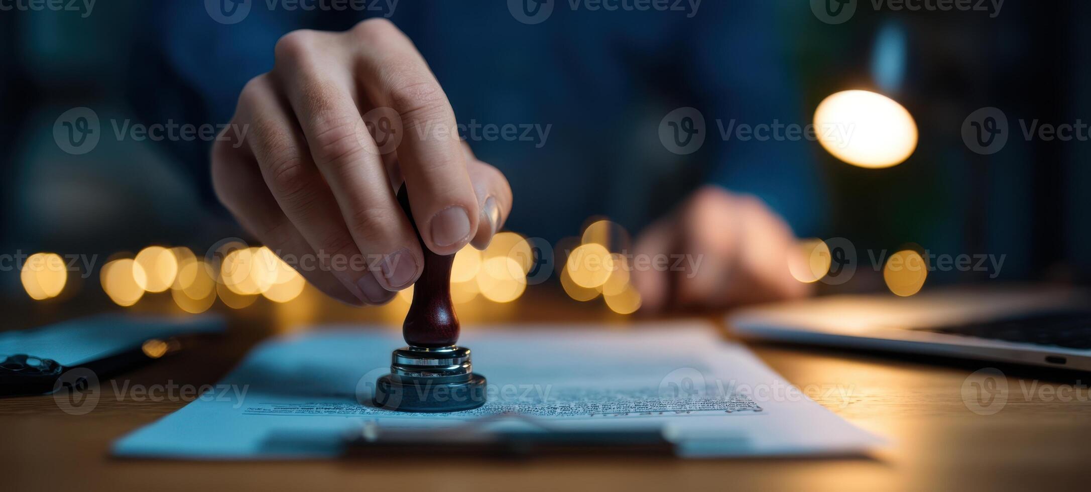 The Hand Applying a Stamp to a Document on a Desk with Soft Lighting photo