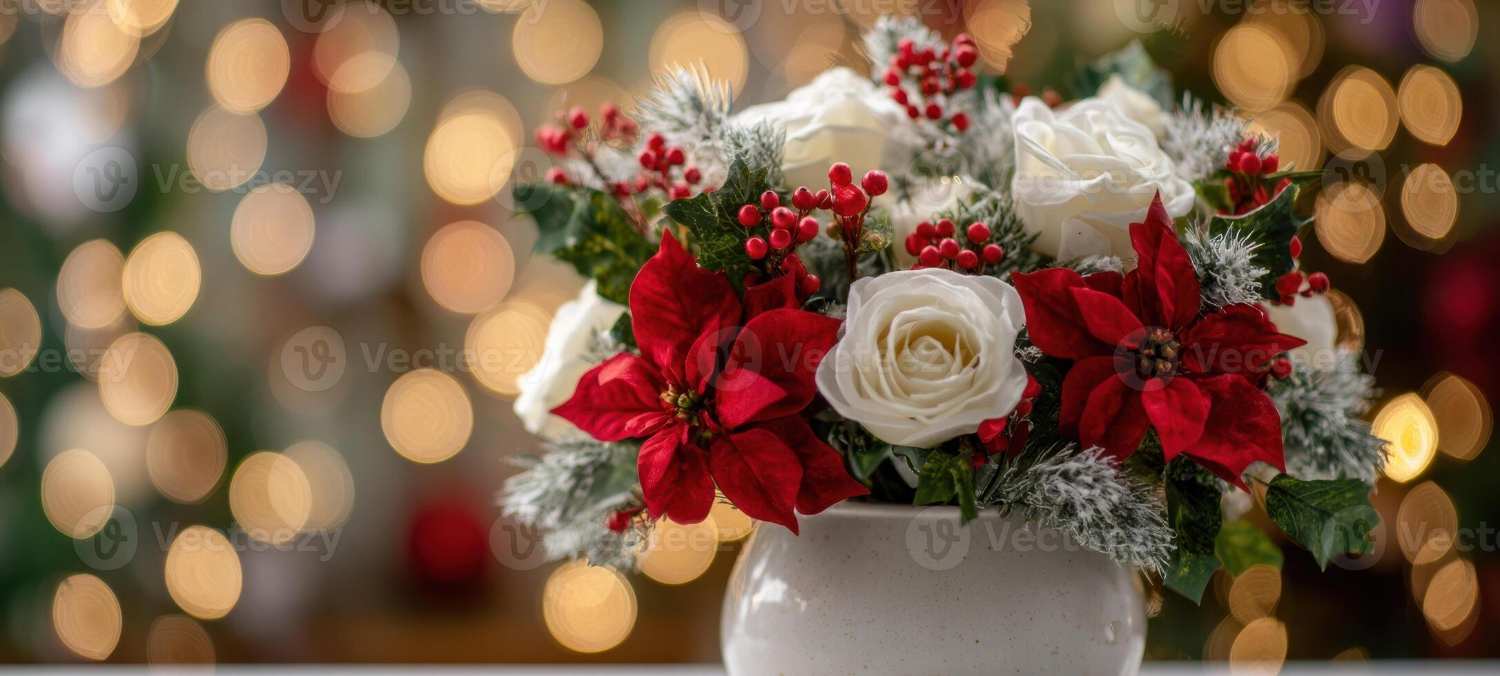 The festive floral arrangement of red and white blooms in winter decor photo