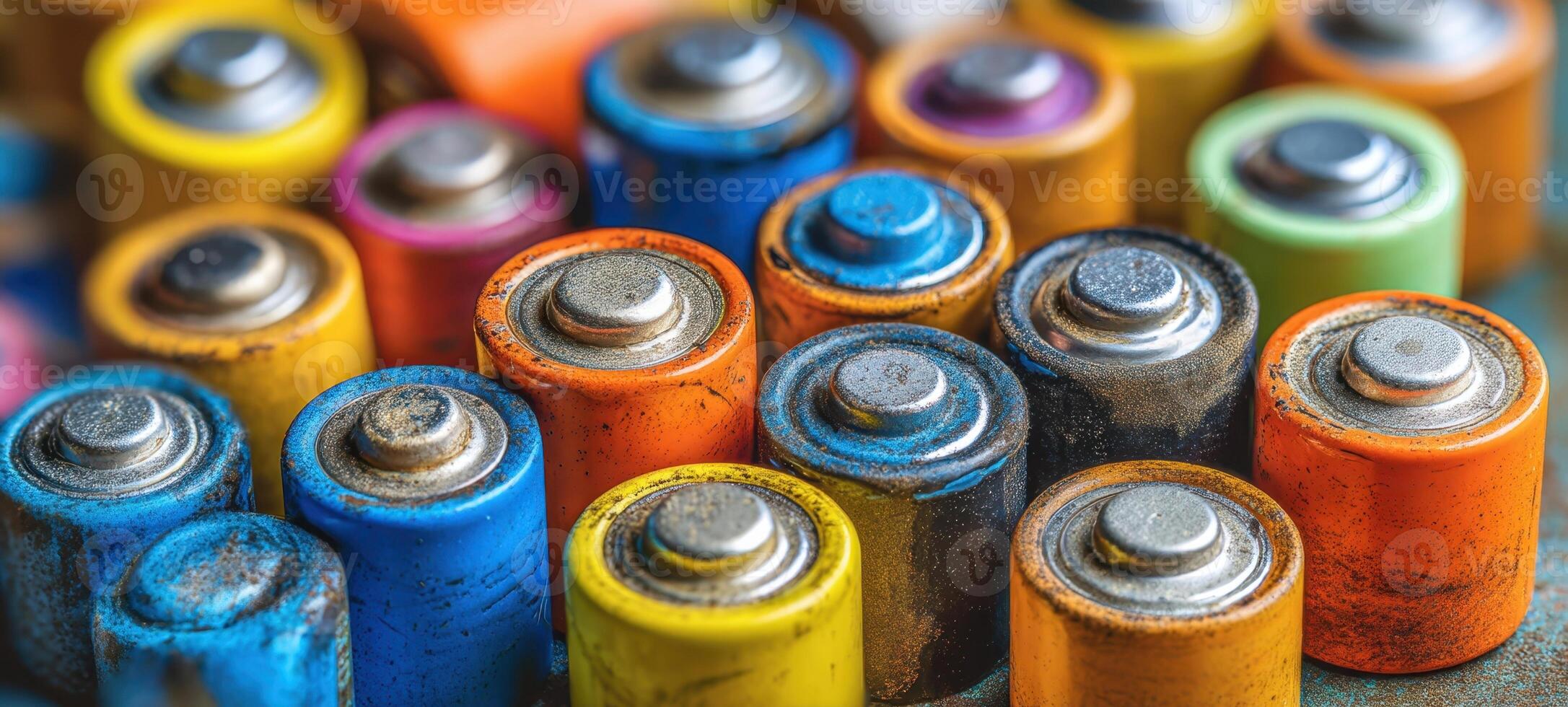 The vibrant assortment of used batteries showcasing color and texture diversity. photo