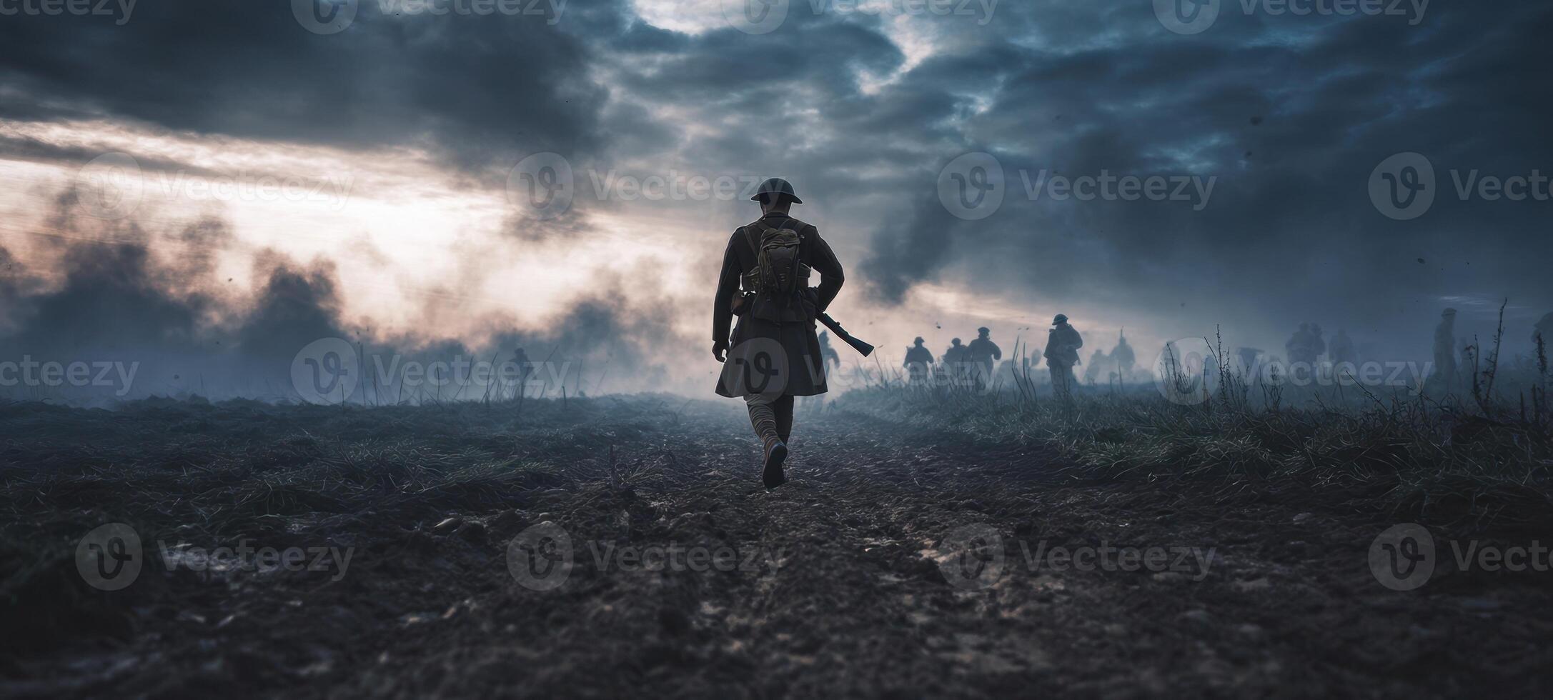 The soldier walking through a foggy battlefield at dusk amidst intense drama. photo