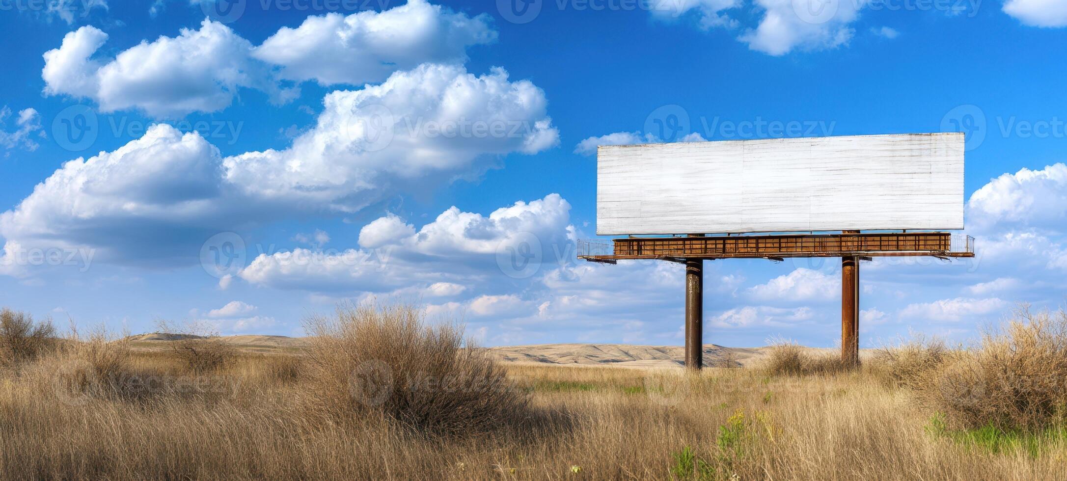 The blank billboard standing tall in a serene landscape under a vibrant sky. photo
