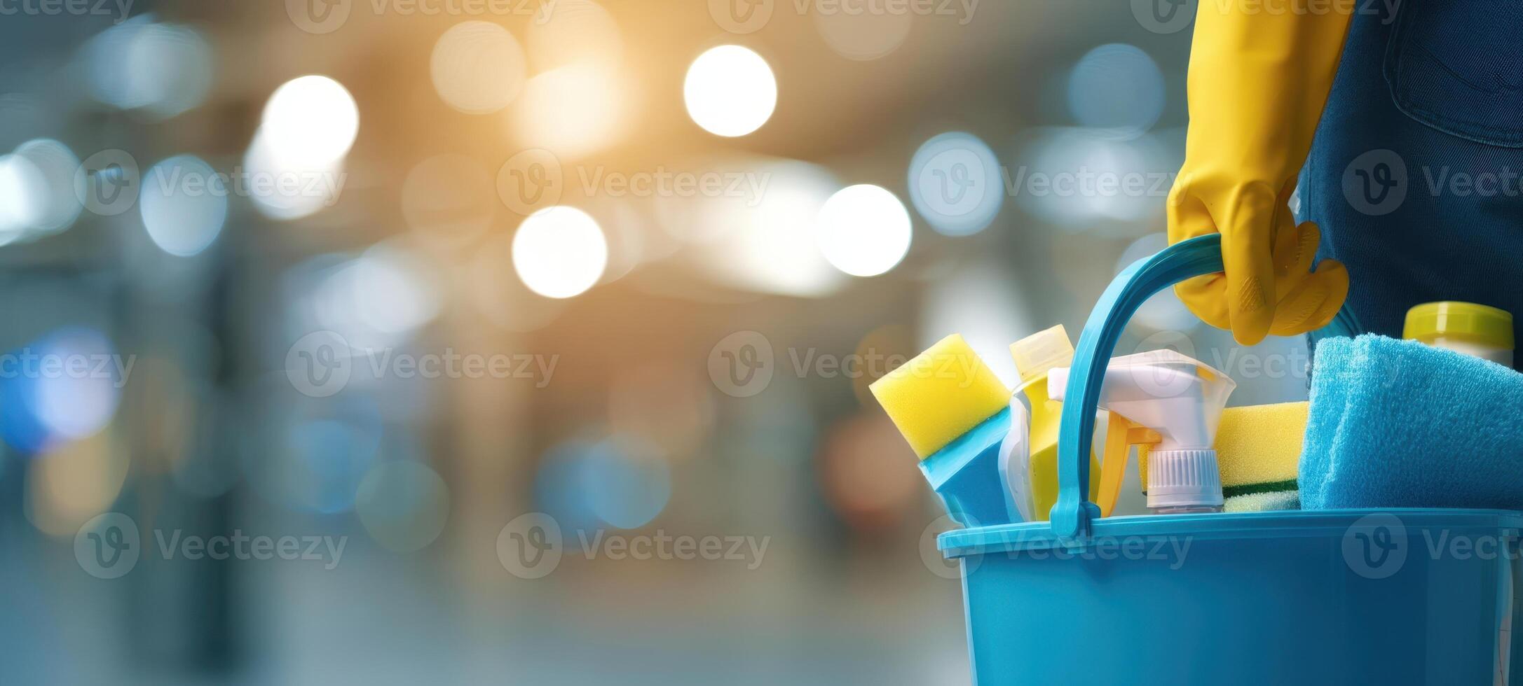 The vibrant cleaning bucket filled with supplies ready for sanitation tasks. photo