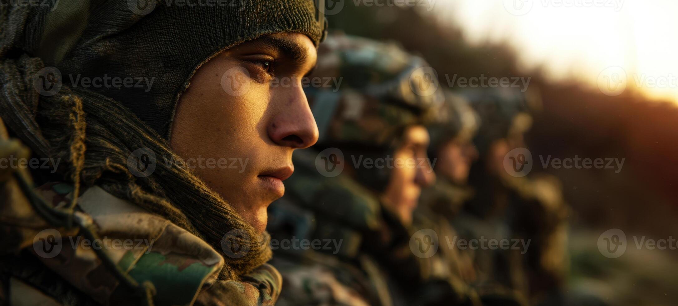 The soldier in profile showcasing focus and determination during training at sunset. photo